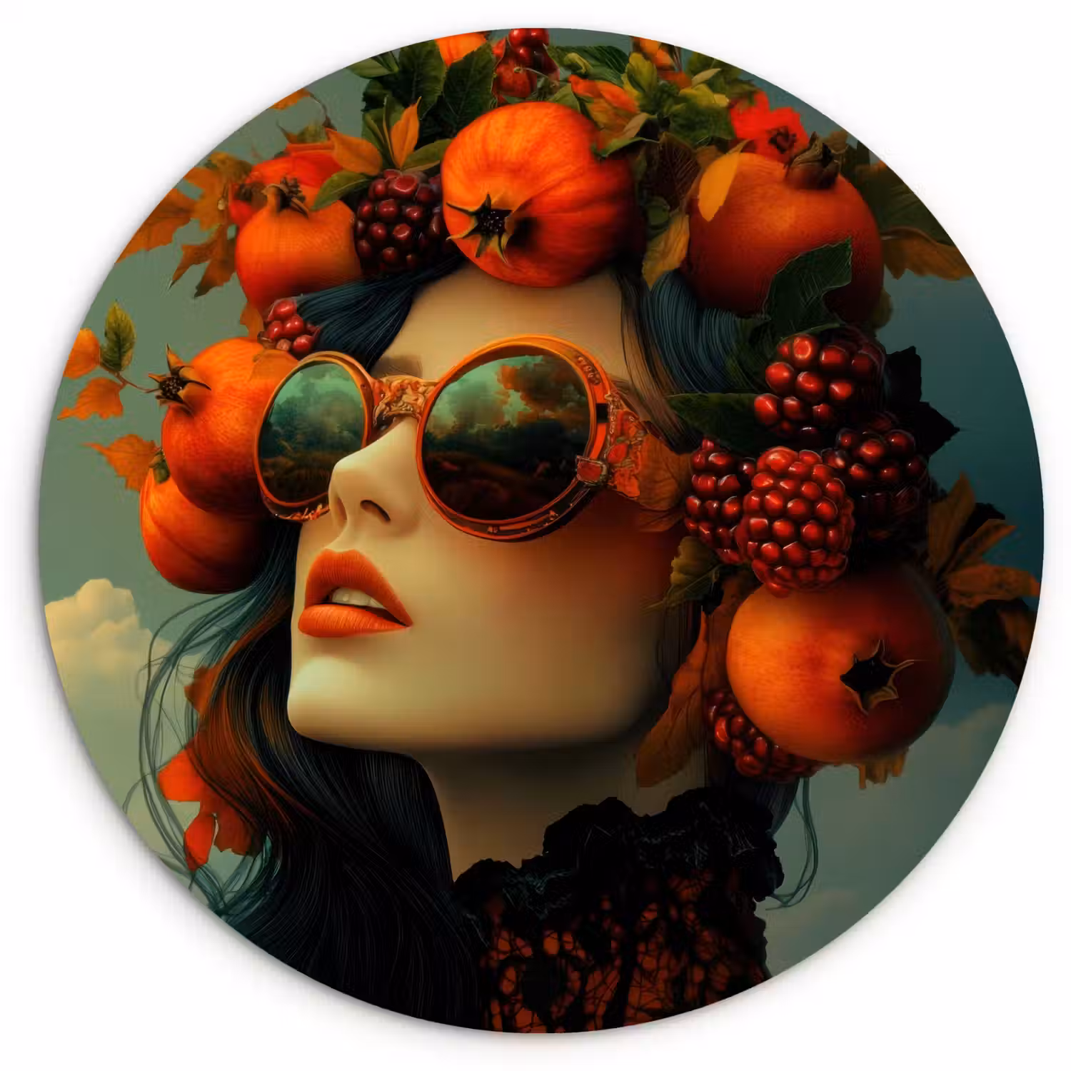 Vrouw - Granaatappel - Herfst - Zonnebril Wandcirkel kunststof plaat 5mm dik klein -3d