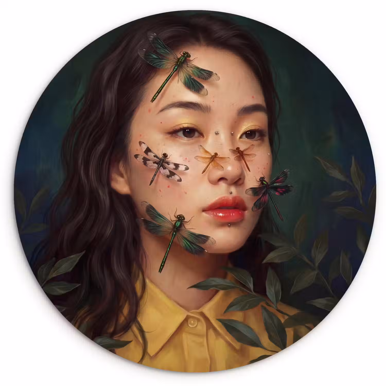 Vrouw - Insecten - Natuur - Portret - Groen Wandcirkel kunststof plaat 5mm dik klein -3d