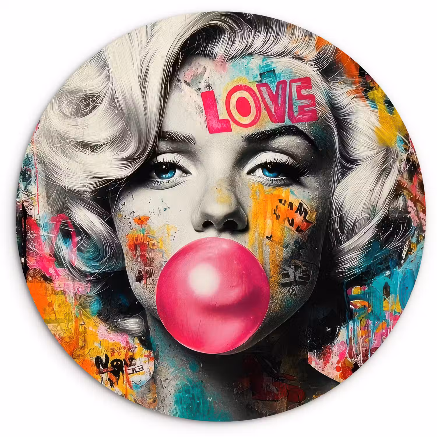 Vrouw - Kauwgom - Graffiti - Neonkleuren Wandcirkel kunststof plaat 5mm dik klein -3d