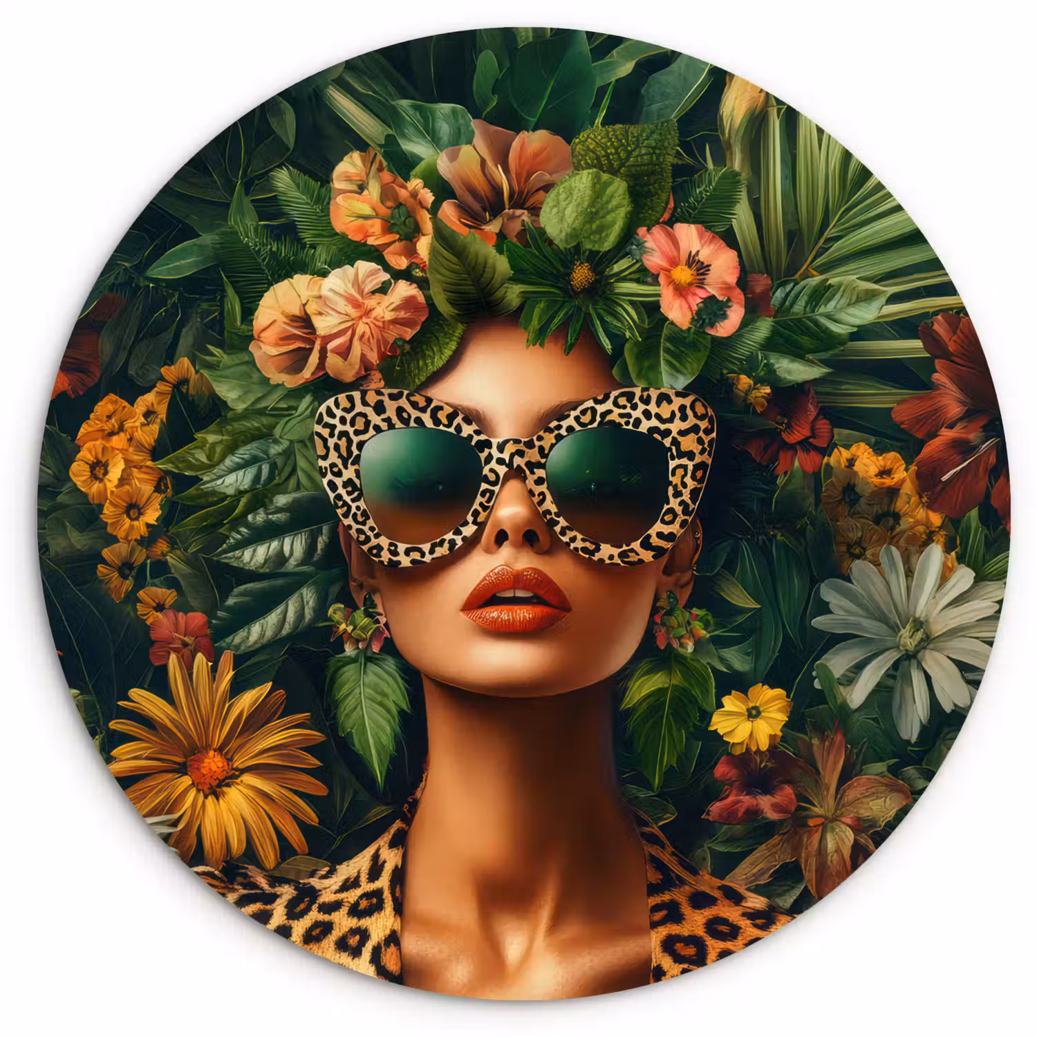 Vrouw - Panterprint - Jungle - Natuur - Luxe Wandcirkel kunststof plaat 5mm dik klein -3d