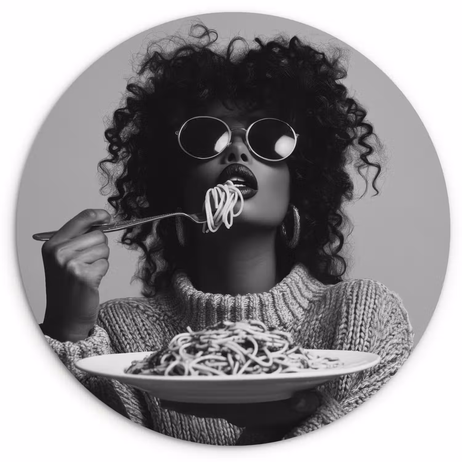 Vrouw - Pasta - Zwart - Wit Wandcirkel kunststof plaat 5mm dik klein -3d