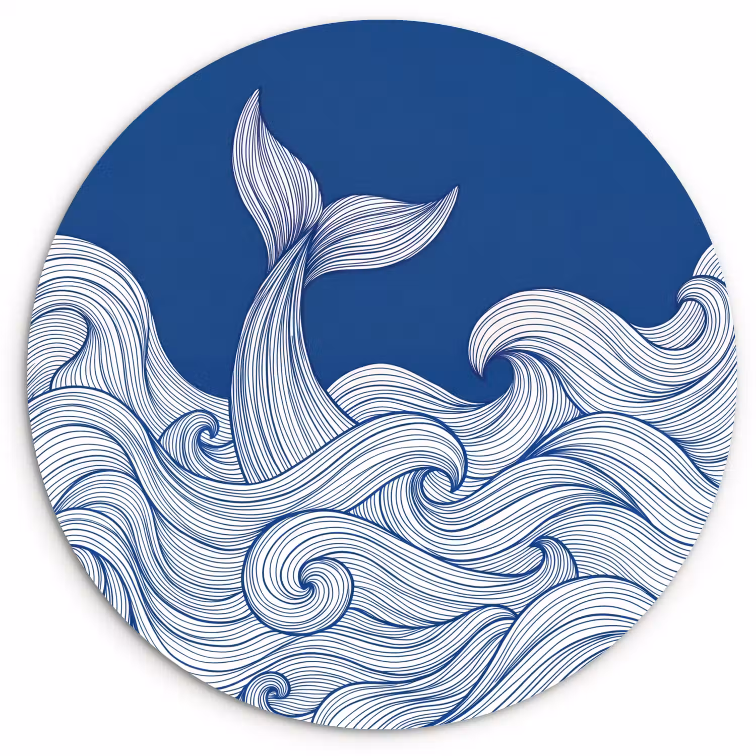Walvis - Staart - Golven - Lijntekening - Blauw Wandcirkel kunststof plaat 5mm dik klein -3d
