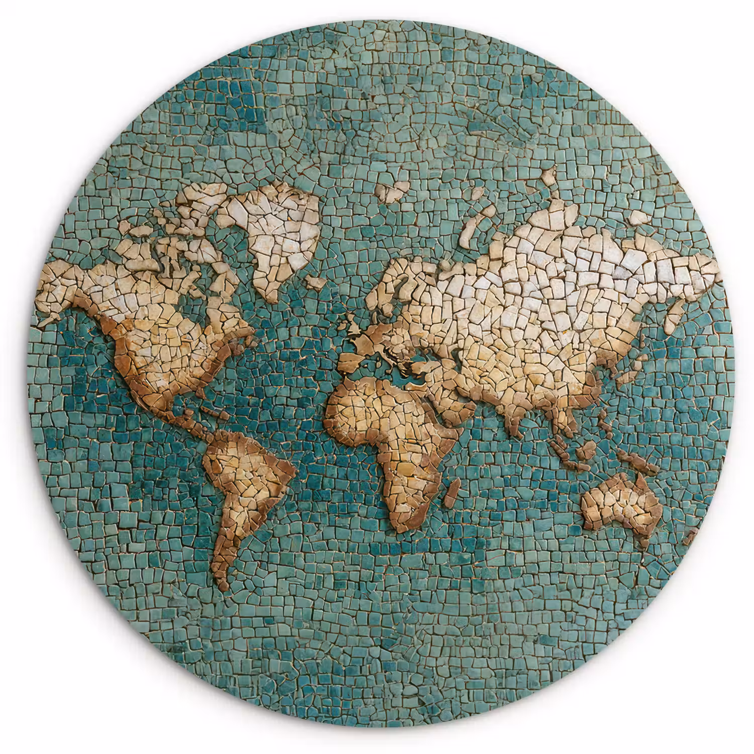 Wereldkaart - Gebroken tegels - Mozaïek Wandcirkel kunststof plaat 5mm dik klein -3d