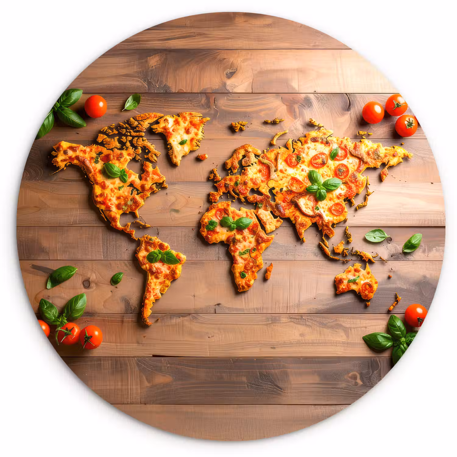 Wereldkaart - Pizza - Houten ondergrond Wandcirkel kunststof plaat 5mm dik klein -3d