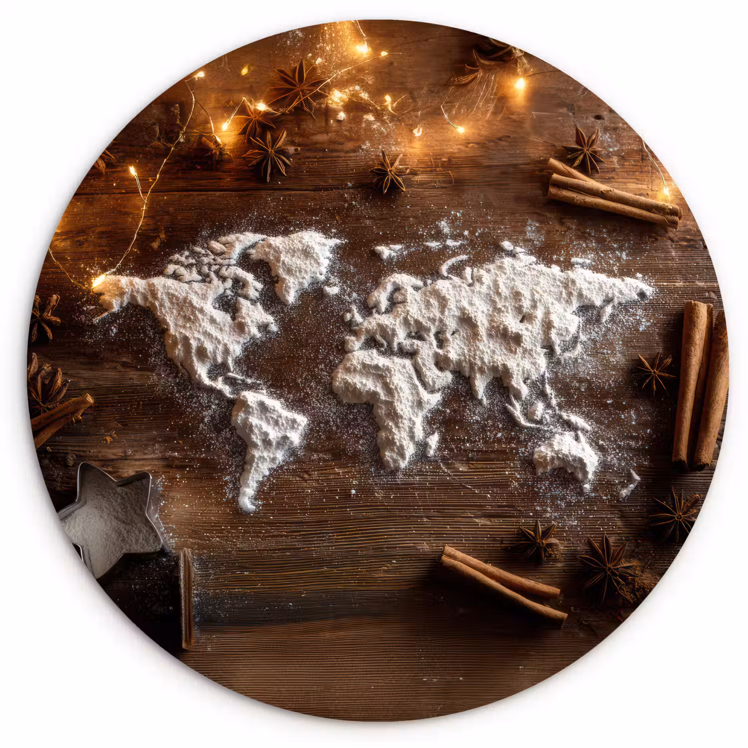 Wereldkaart - Poedersuiker - Hout Wandcirkel kunststof plaat 5mm dik klein -3d