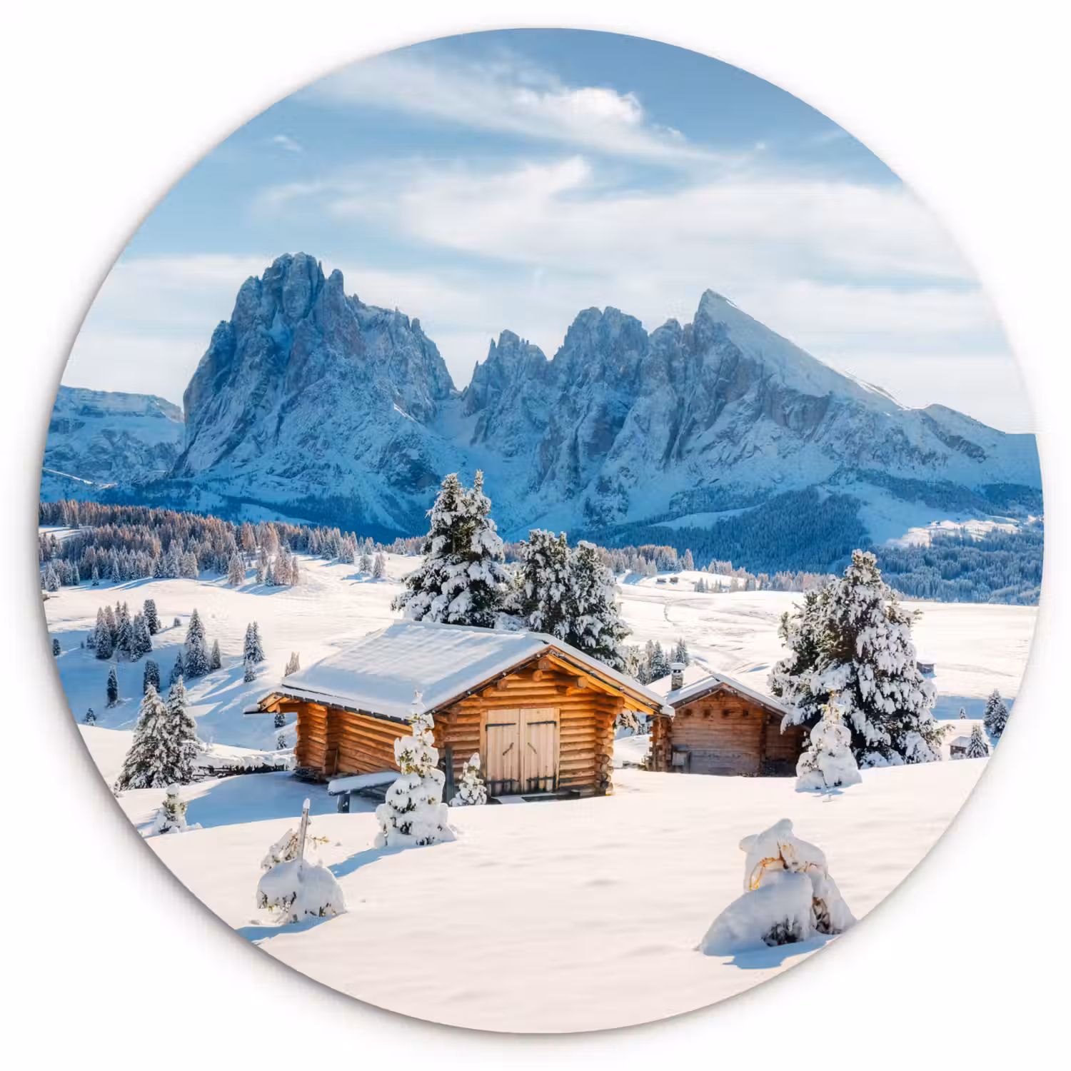 Winter - Huisje - Bergen - Uitzicht - Sneeuw Wandcirkel kunststof plaat 5mm dik klein -3d