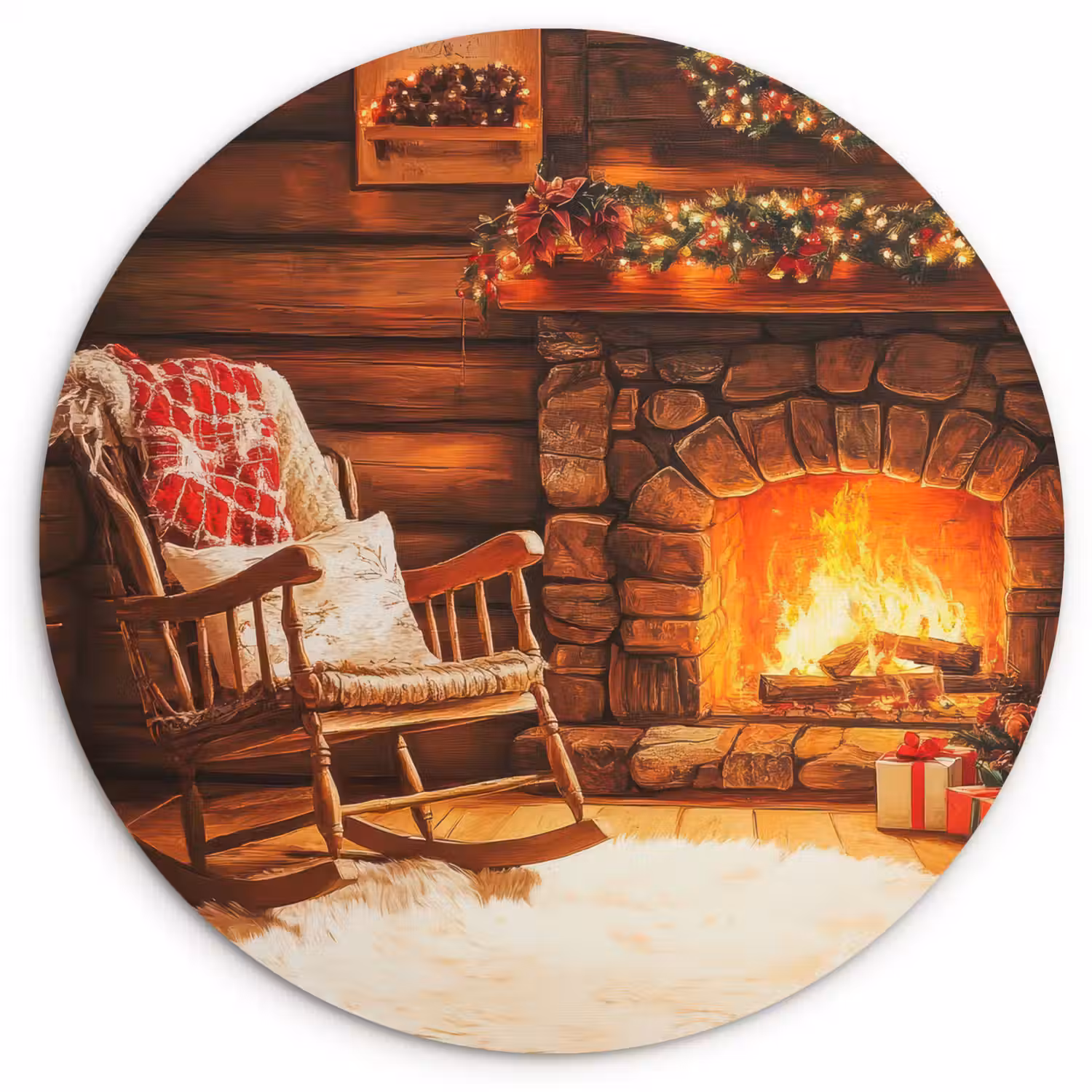 Winter - Kerst - Huis - Openhaard Wandcirkel kunststof plaat 5mm dik klein -3d