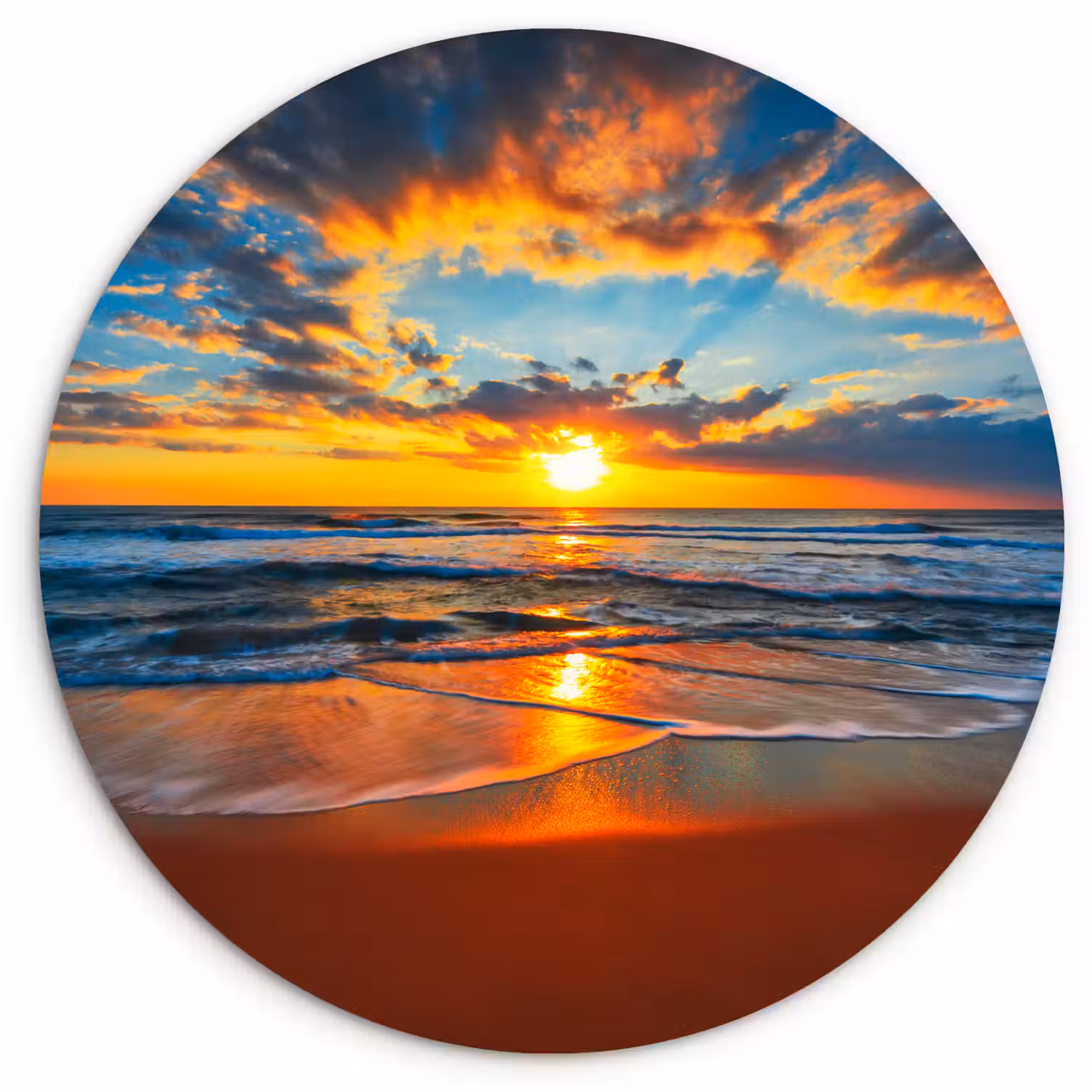 Zee - Zonsondergang - Strand - Wolken - Oranje Wandcirkel kunststof plaat 5mm dik klein -3d