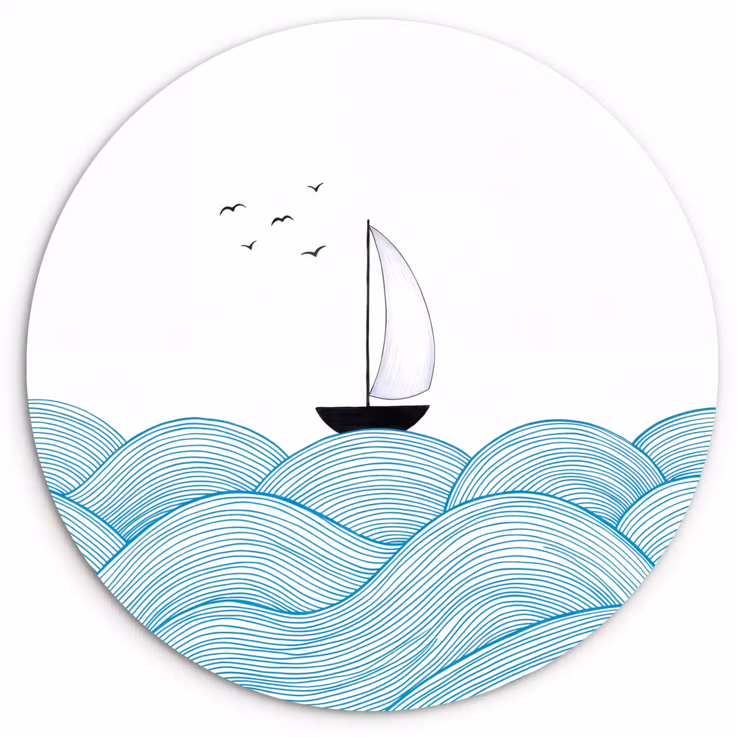 Zeilboot - Golven - Zee - Illustratie - Blauw Wandcirkel kunststof plaat 5mm dik klein -3d