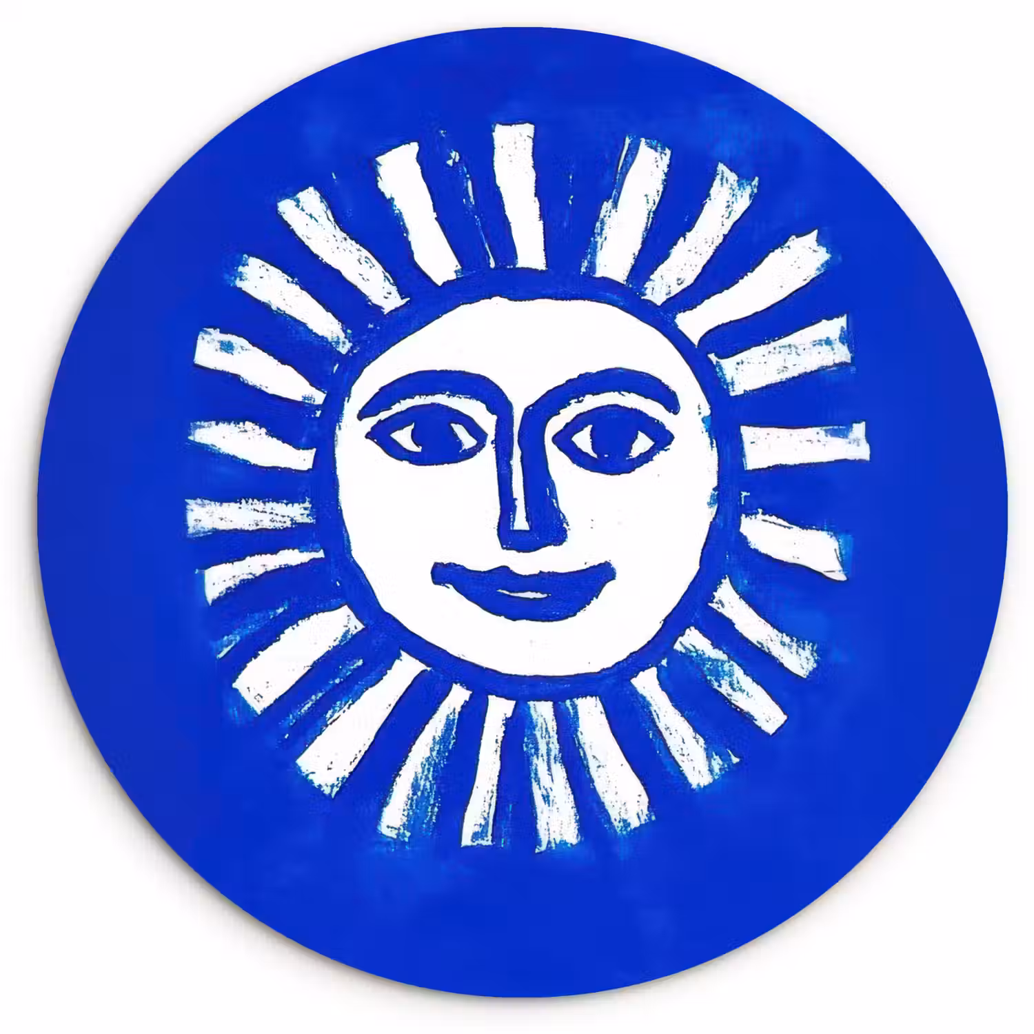 Zon - Gezicht - Penseelstructuur - Blauw Wandcirkel kunststof plaat 5mm dik klein -3d
