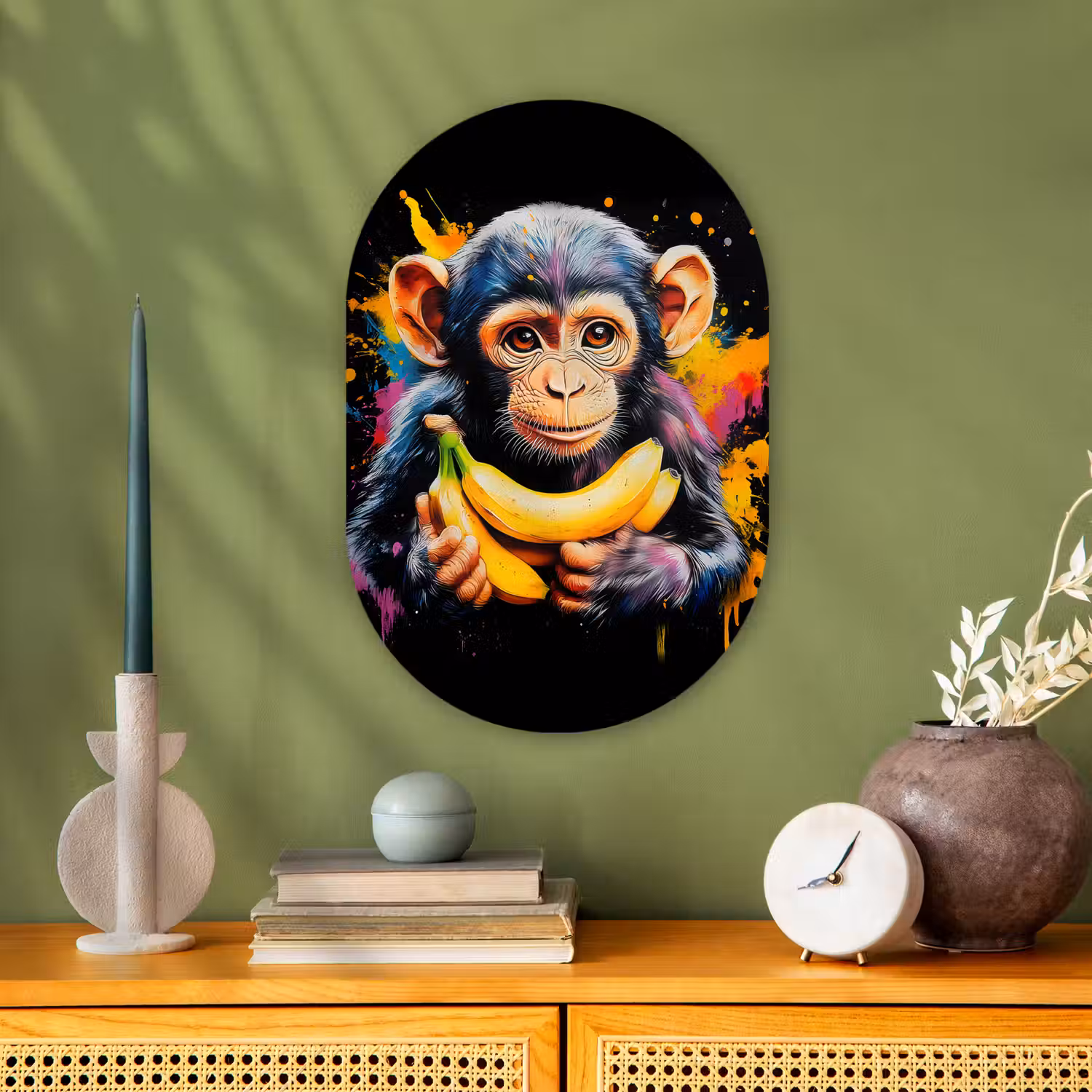 Aap - Graffiti - Kleurrijk - Bananen - Modern Wandcirkel Ovaal Forex klein -sfeer2