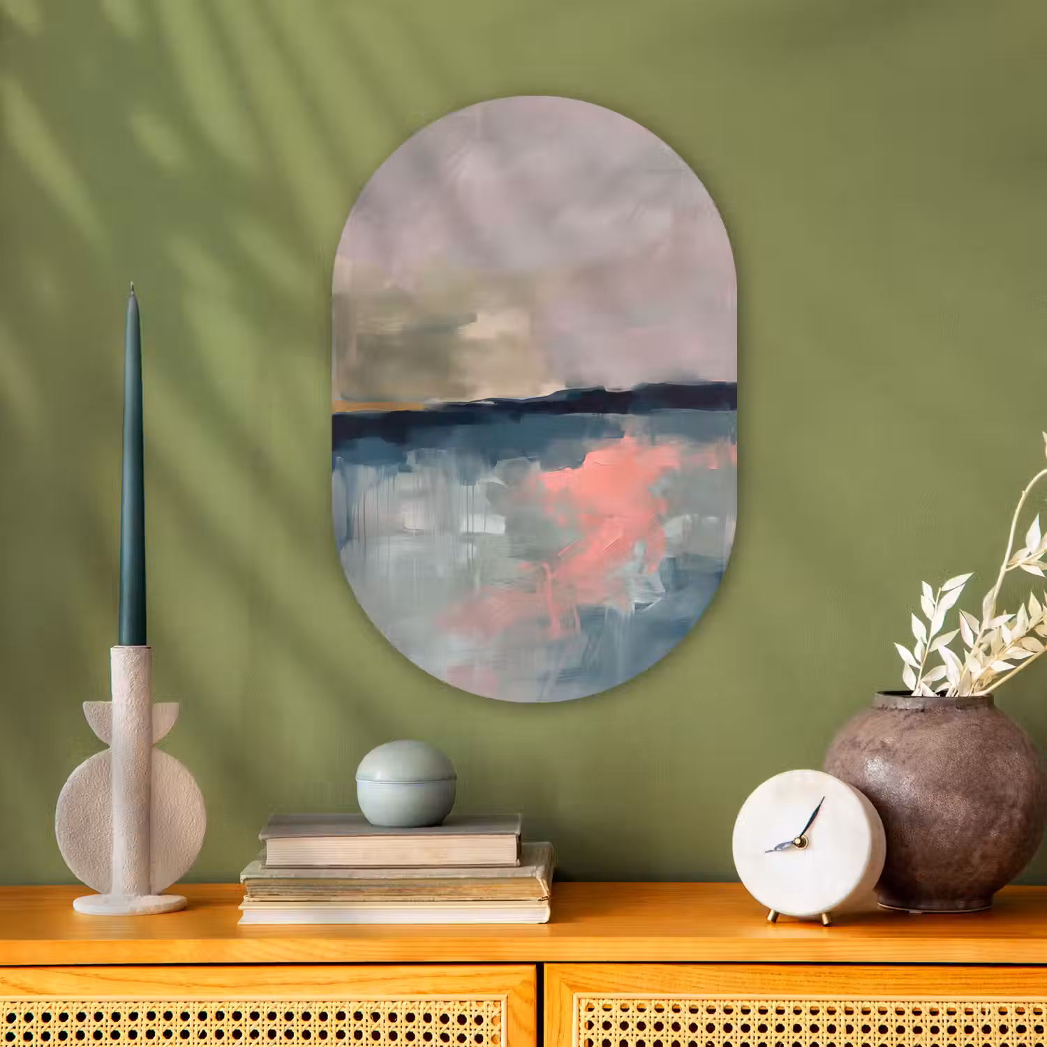 Abstract - Landschap - Kunst - Modern - Groen - Blauw Wandcirkel Ovaal Forex klein -sfeer2