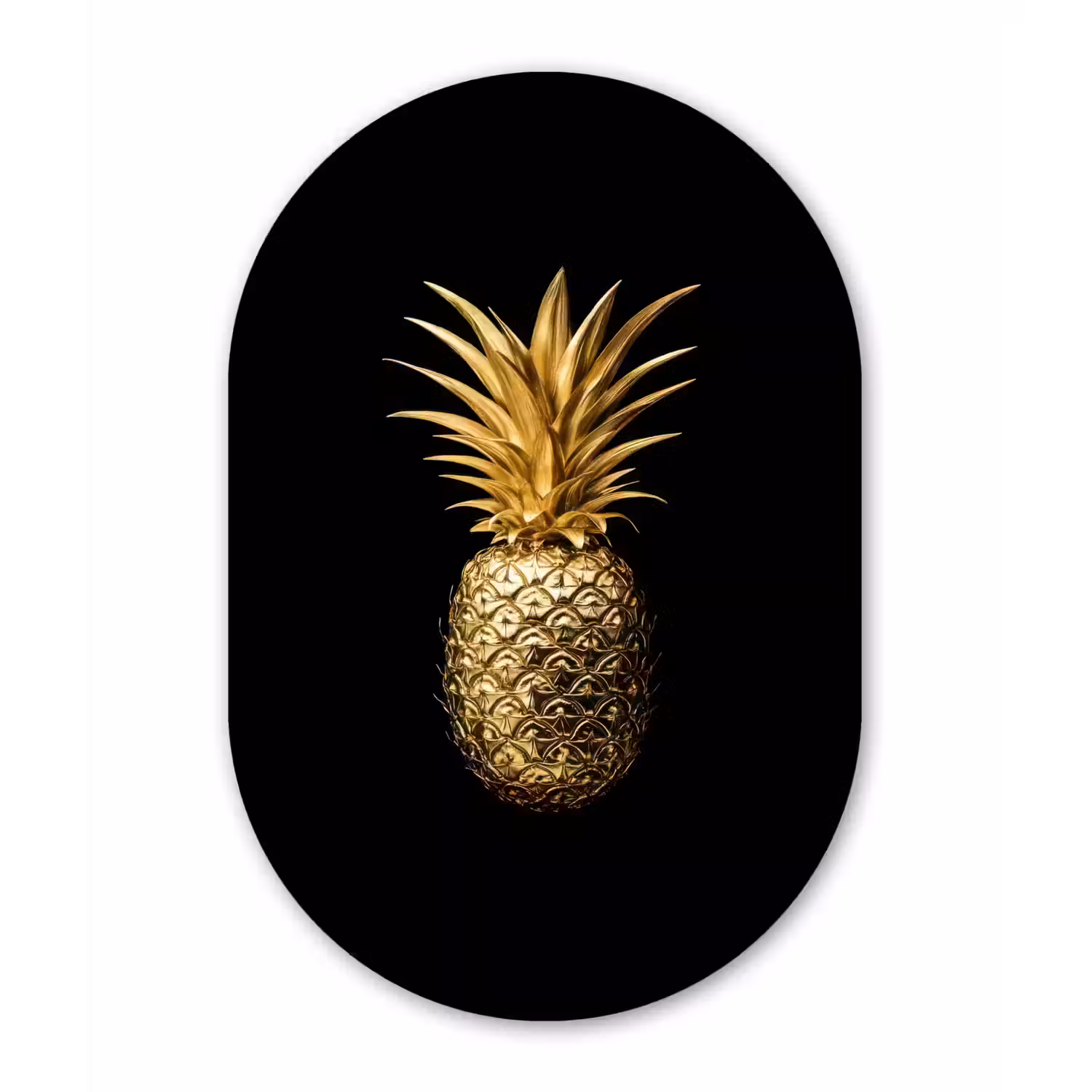 Ananas - Zwart - Goud - Luxe Wandcirkel Ovaal Forex klein -3d