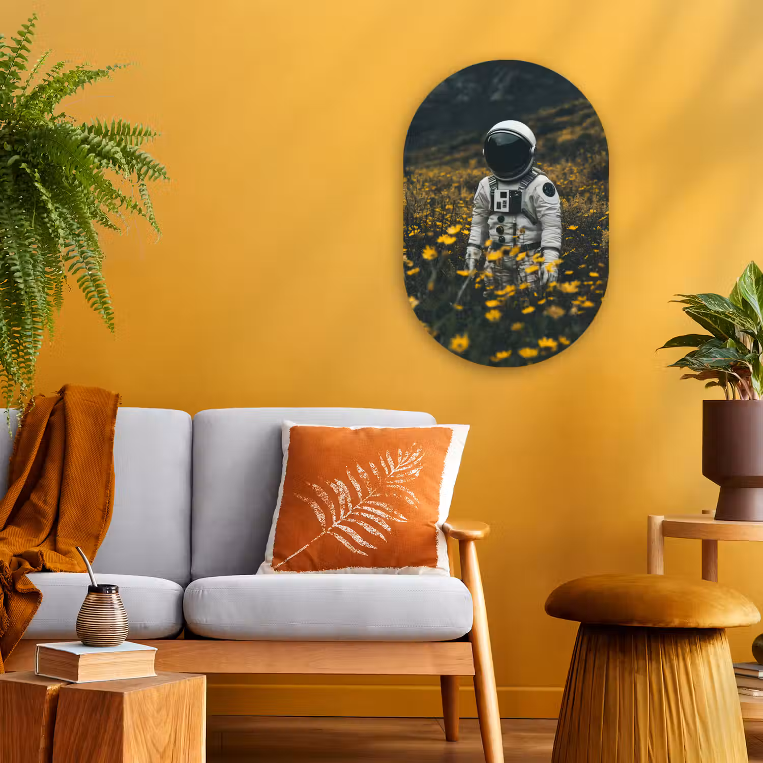 Astronaut - Bloemen - Veld - Geel Wandcirkel Ovaal Forex klein -sfeer4