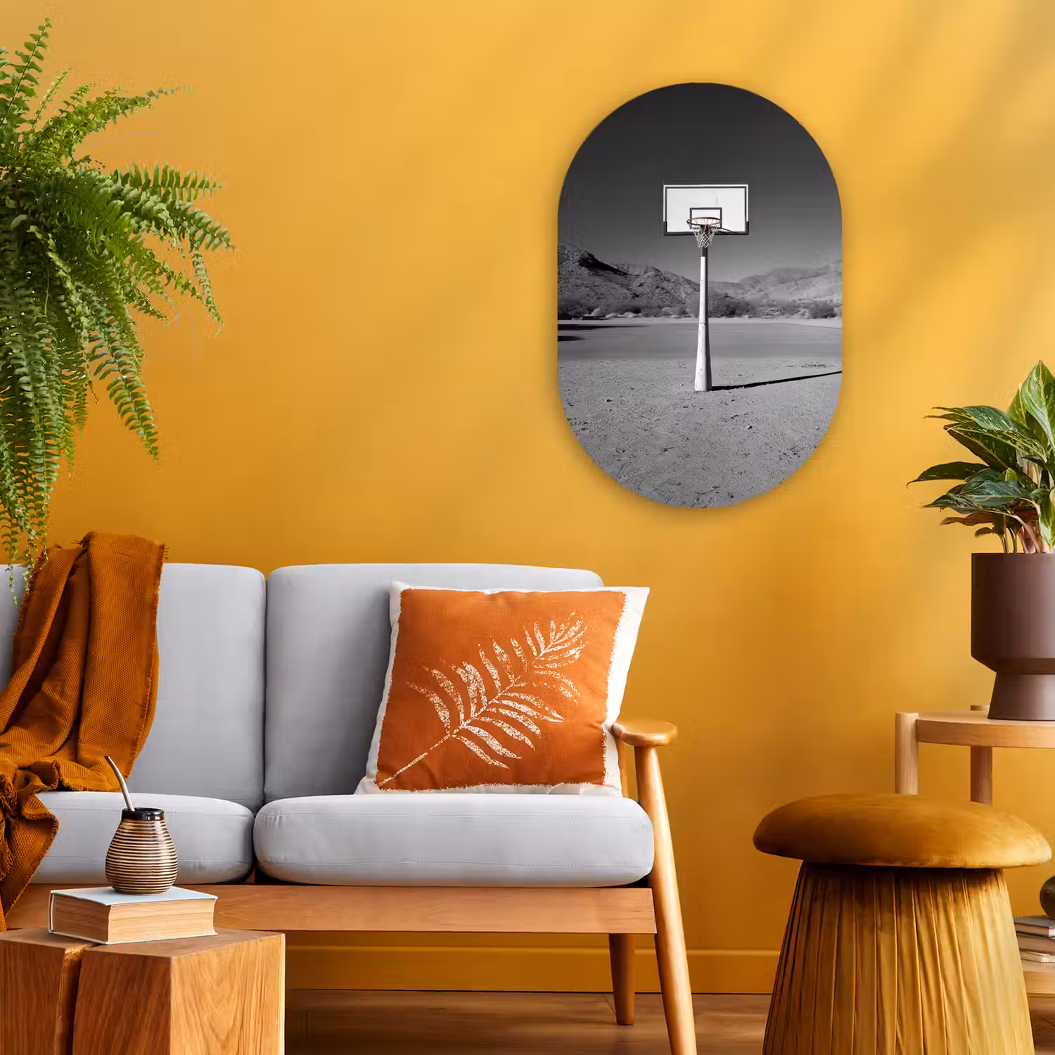 Basketbalpaal - Landschap - Zand - Wit Wandcirkel Ovaal Forex klein -sfeer4