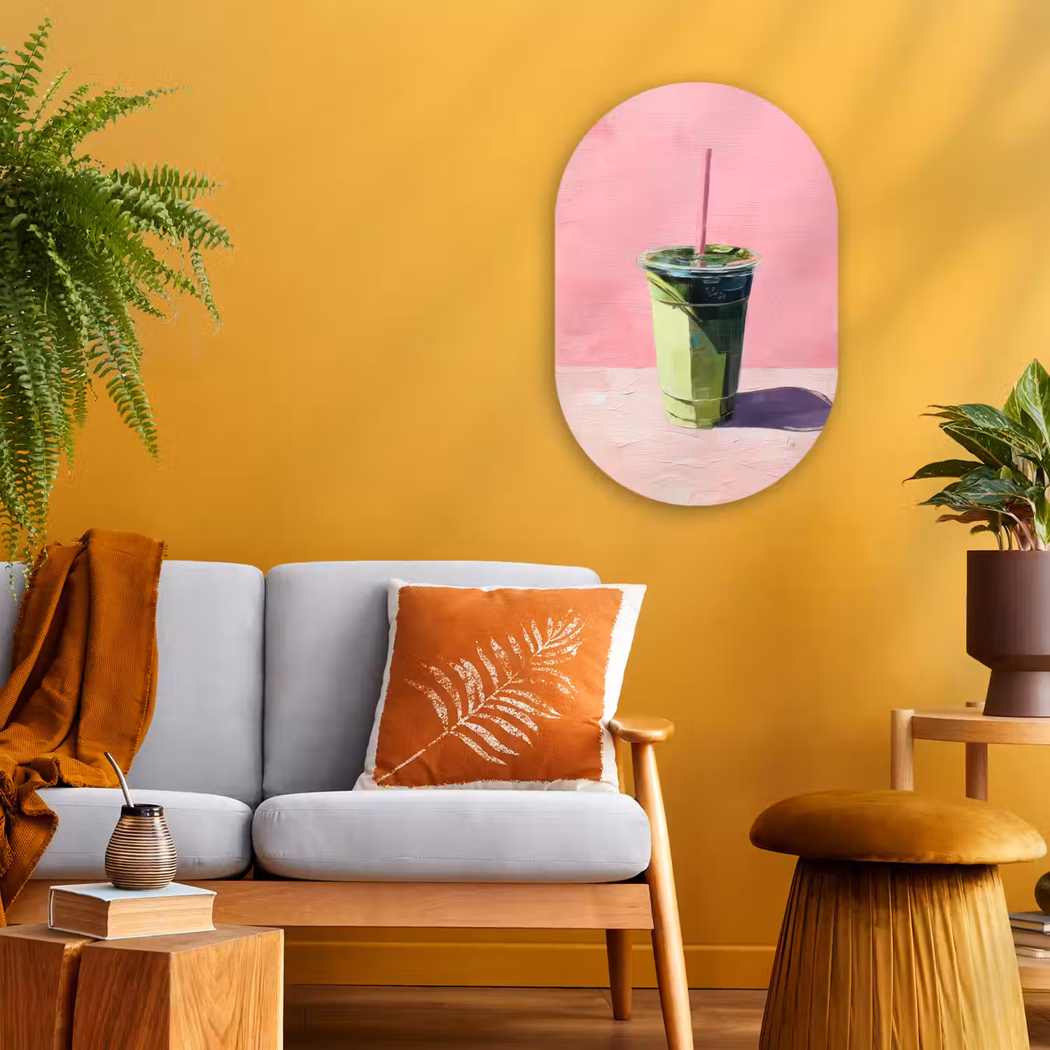 Beker - Rietje - Minimalistisch - Groen Wandcirkel Ovaal Forex klein -sfeer4