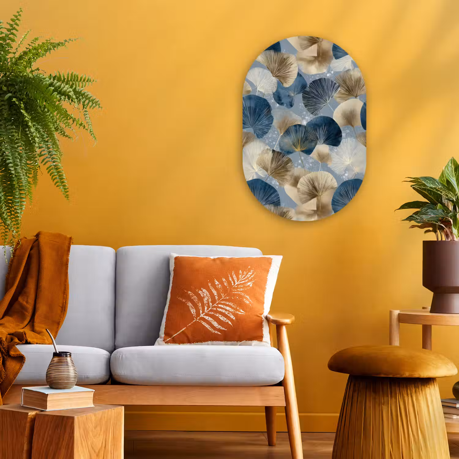 Bladeren - Abstract - Goud - Blauw Wandcirkel Ovaal Forex klein -sfeer4