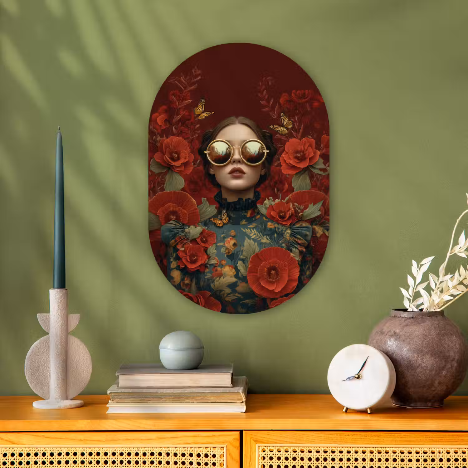 Bloemen - Dieprood - Zonnebril - Vrouw Wandcirkel Ovaal Forex klein -sfeer2