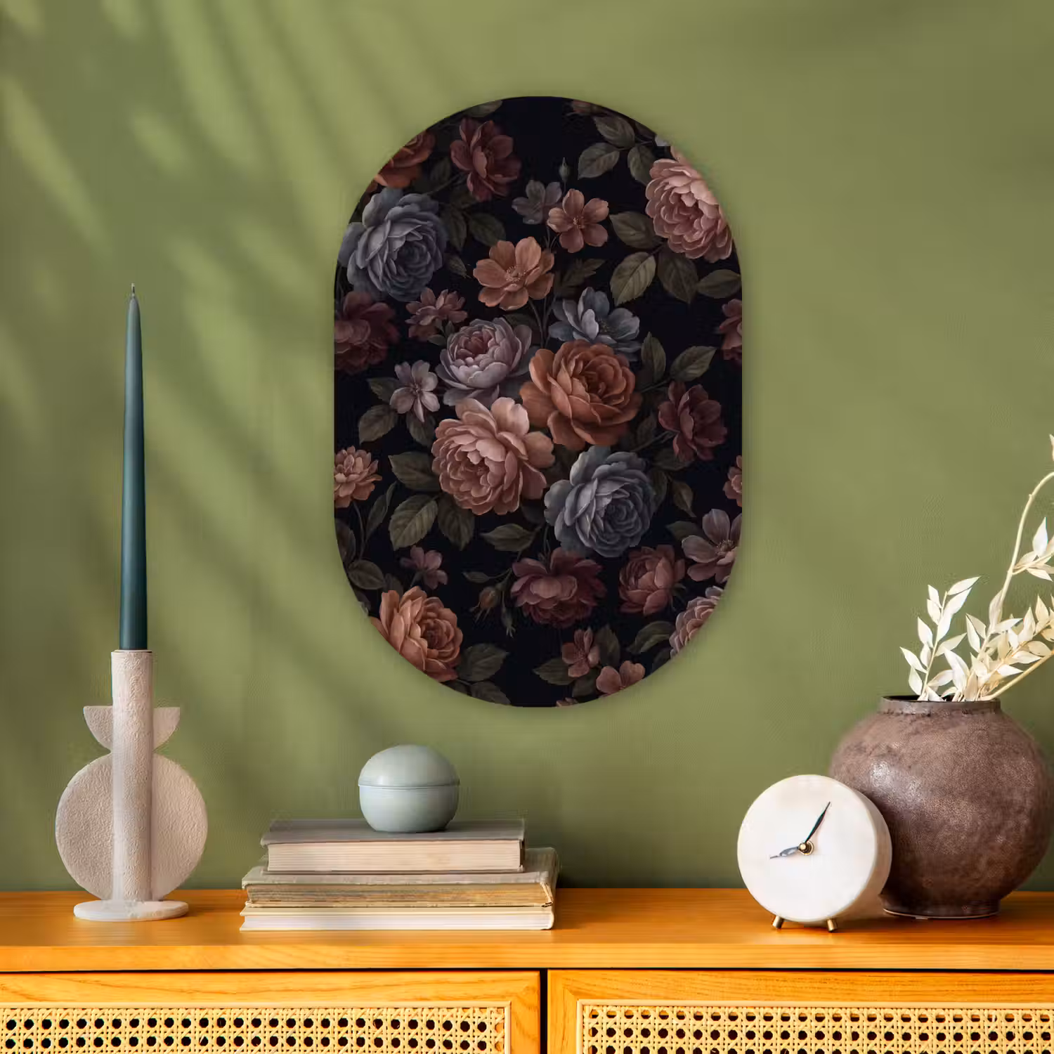 Bloemen - Patroon - Vintage - Donker - Roze Wandcirkel Ovaal Forex klein -sfeer2