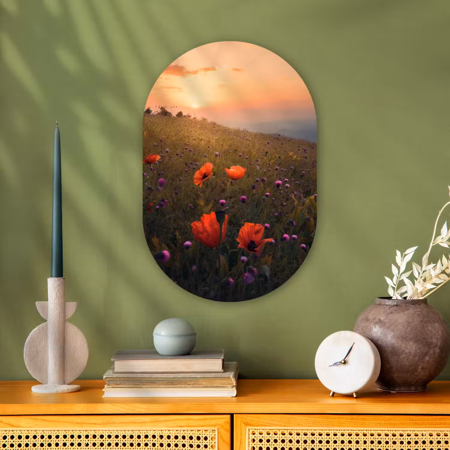 Bloemenveld - Gras - Bloemen - Planten - Zonsondergang - Oranje Wandcirkel Ovaal Forex klein -sfeer2