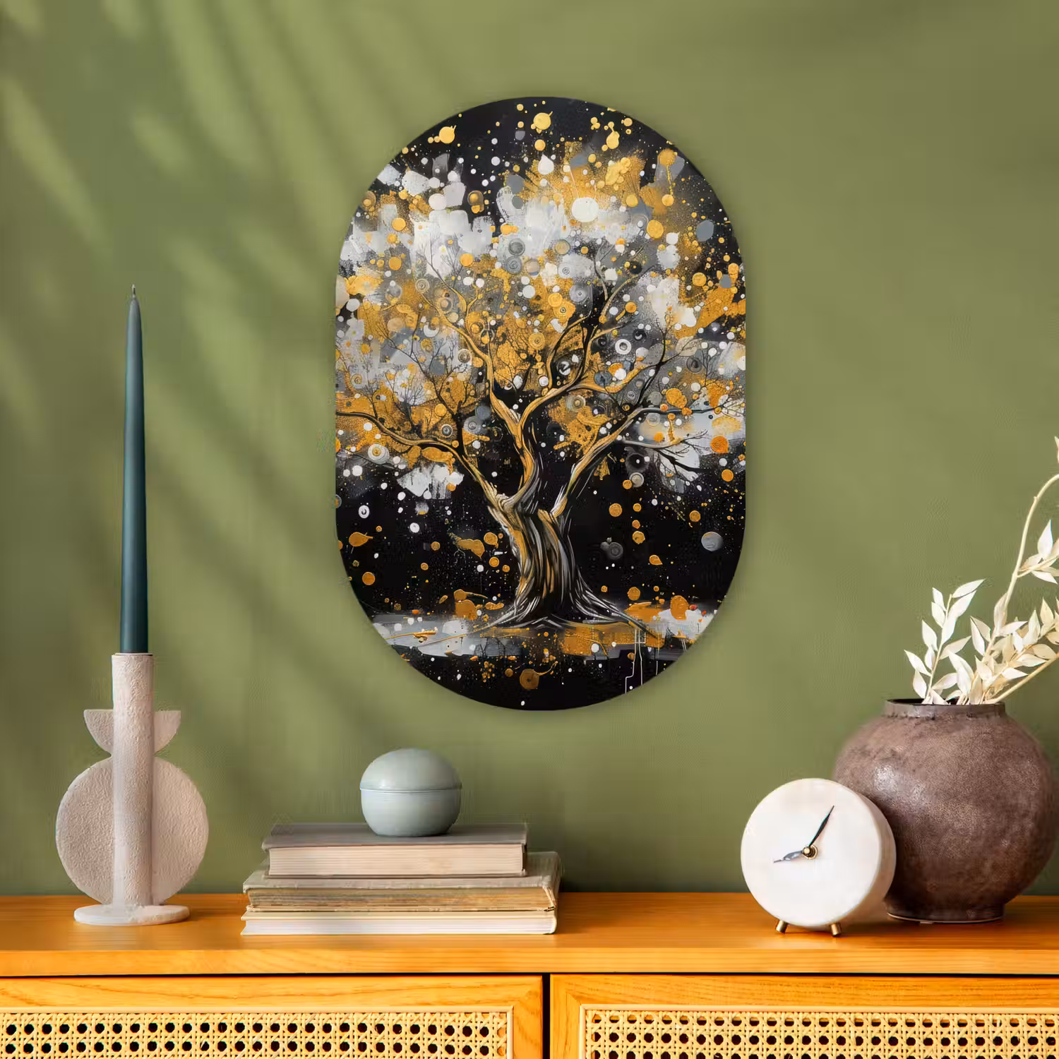 Boom - Zwart - Goud - Wit - Modern Wandcirkel Ovaal Forex klein -sfeer2