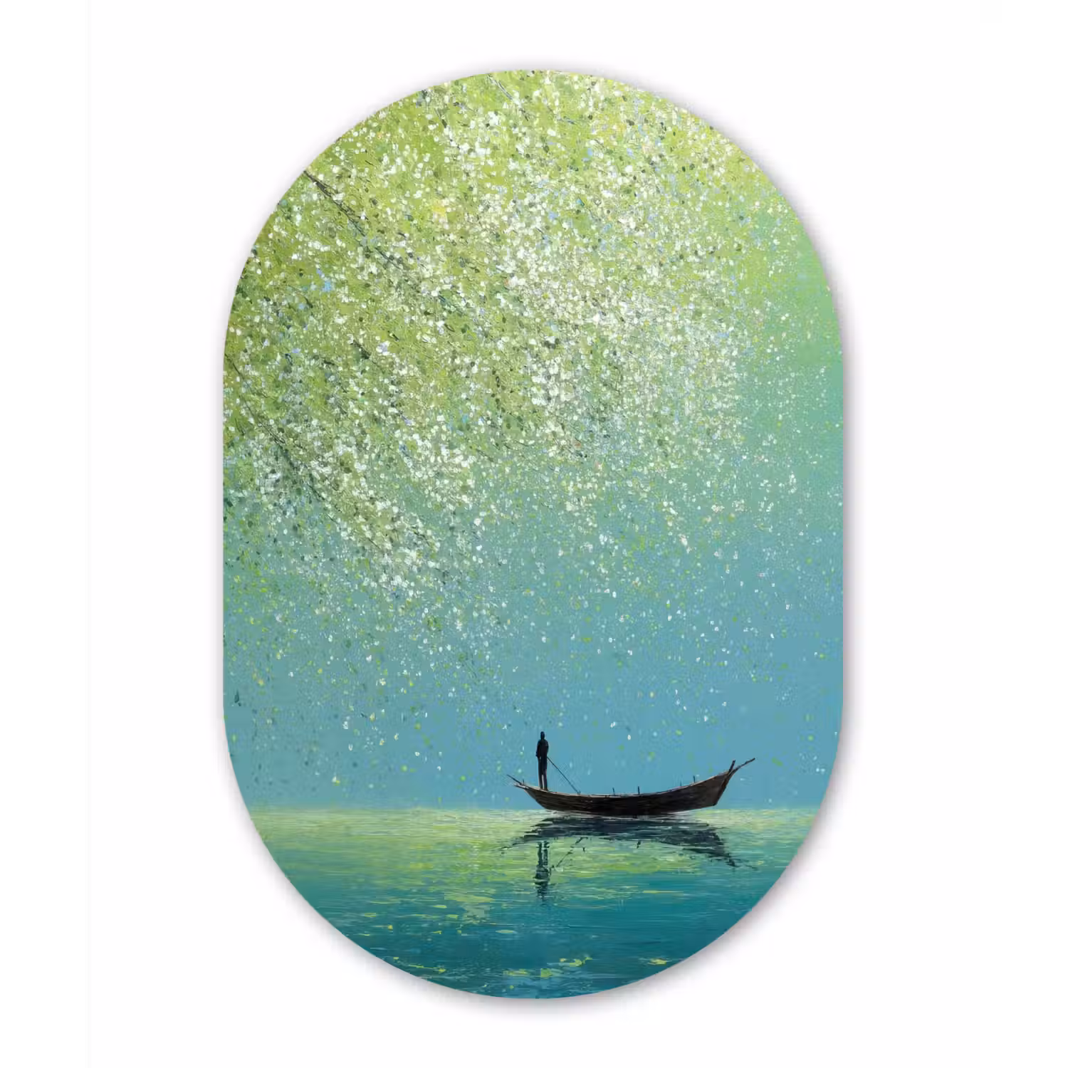Bootje - Water - Bladeren - Bloesems Wandcirkel Ovaal Forex klein -3d