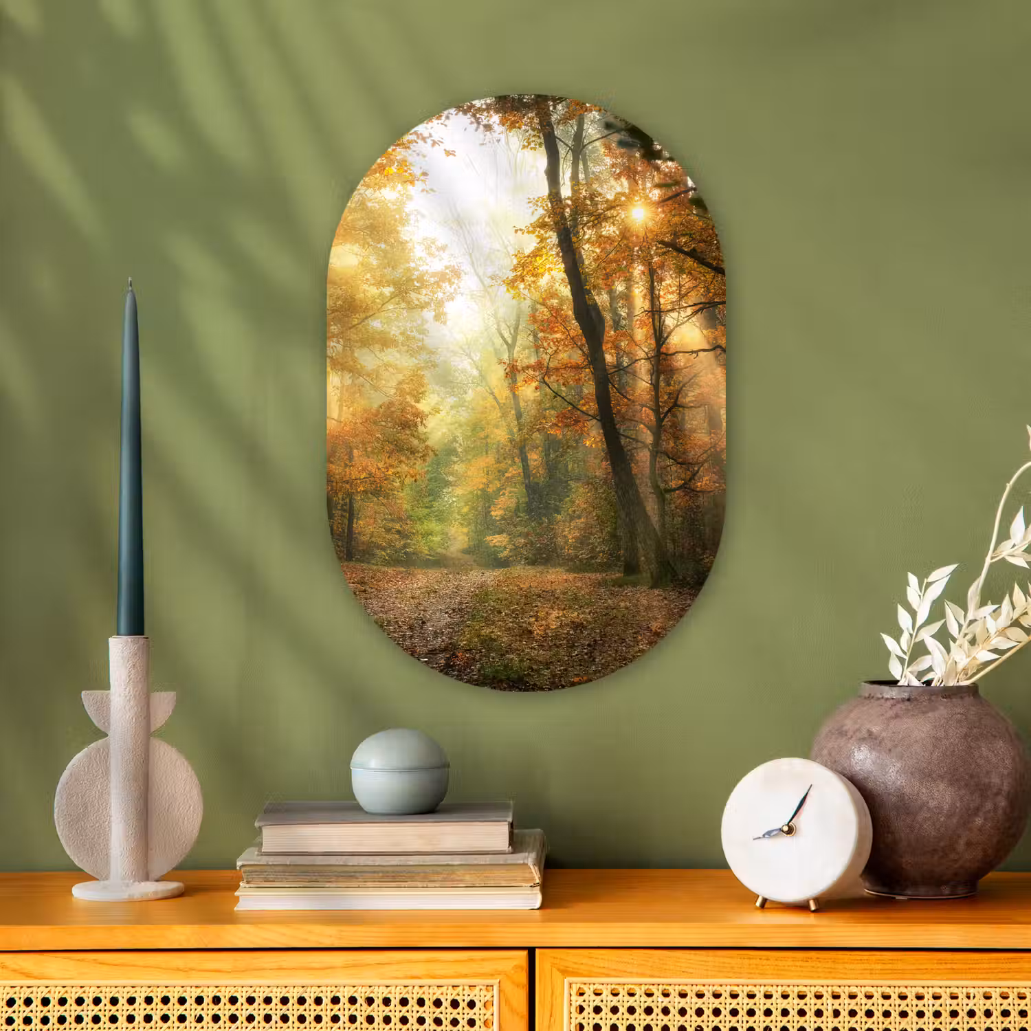 Bos - Herfst - Zon - Landschap - Natuur - Bomen - Bladeren Wandcirkel Ovaal Forex klein -sfeer2