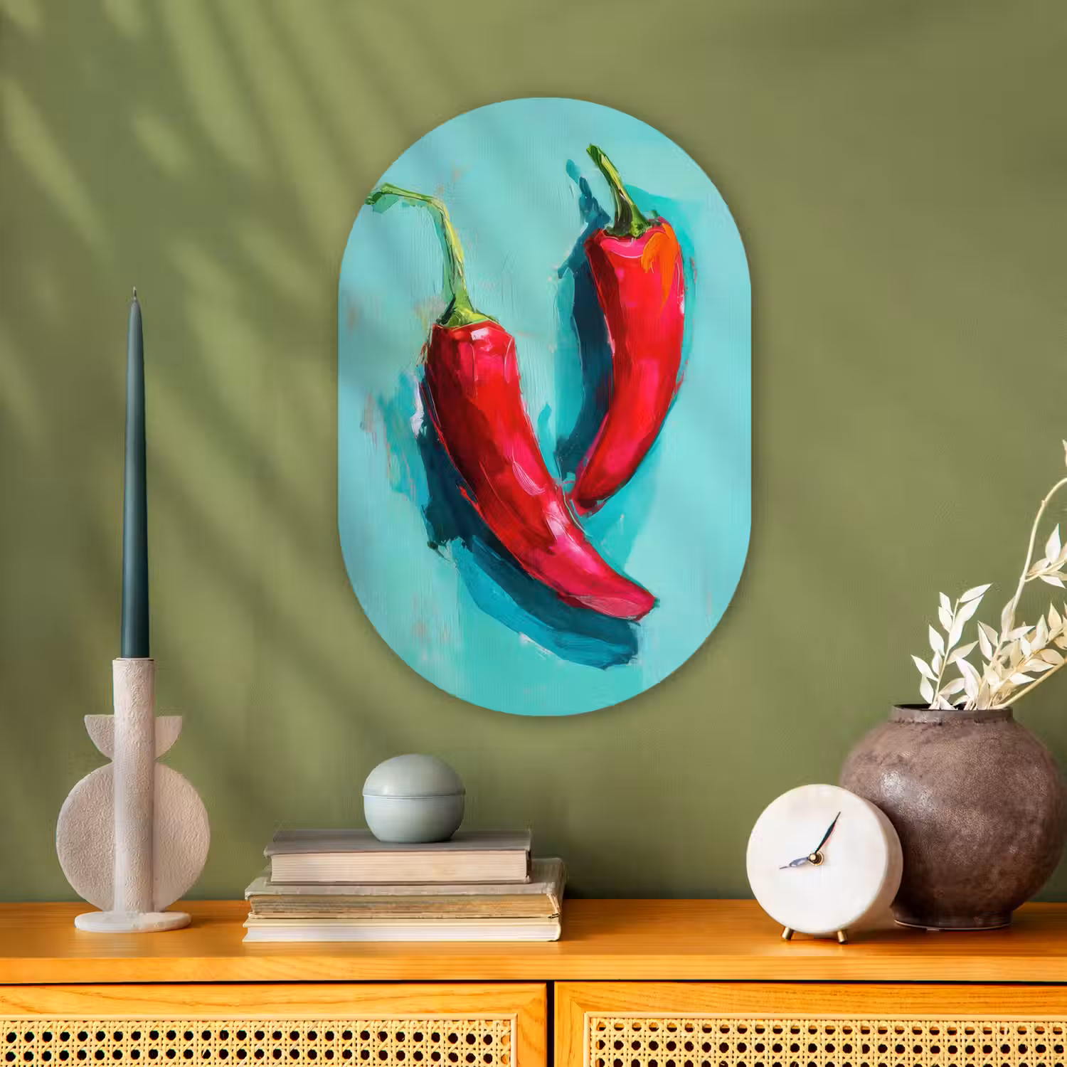 Chilipepers - Geverfd - Rood Wandcirkel Ovaal Forex klein -sfeer2