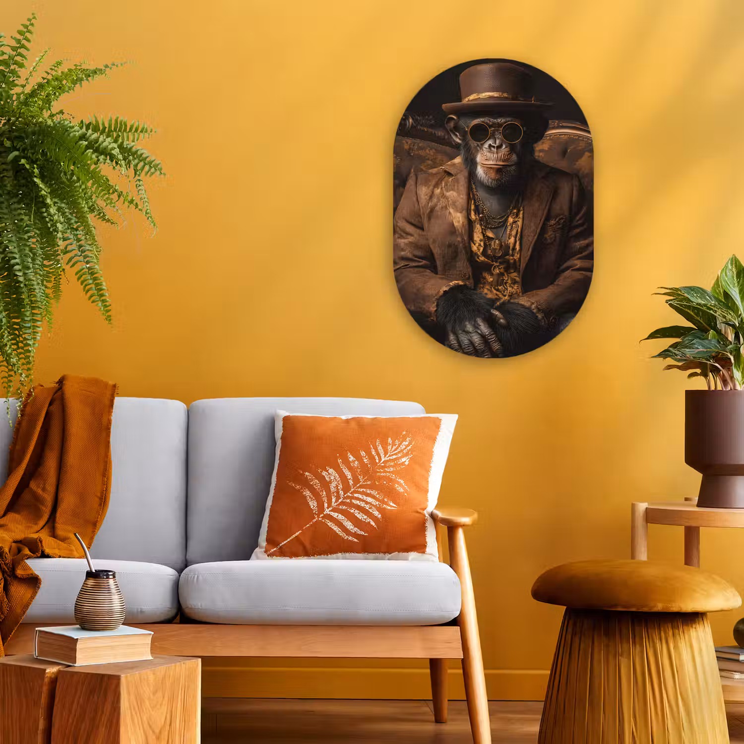 Chimpansee - Stoel - Pak - Bruin Wandcirkel Ovaal Forex klein -sfeer4