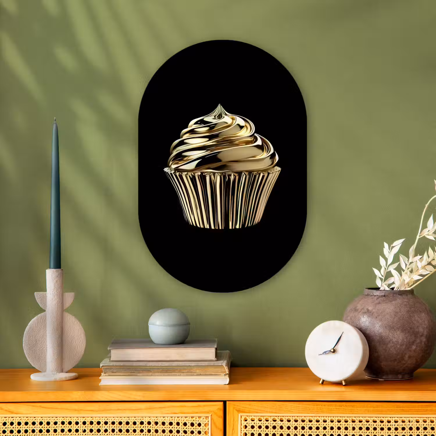 Cupcake - Eten - Goud - Zwart Wandcirkel Ovaal Forex klein -sfeer2