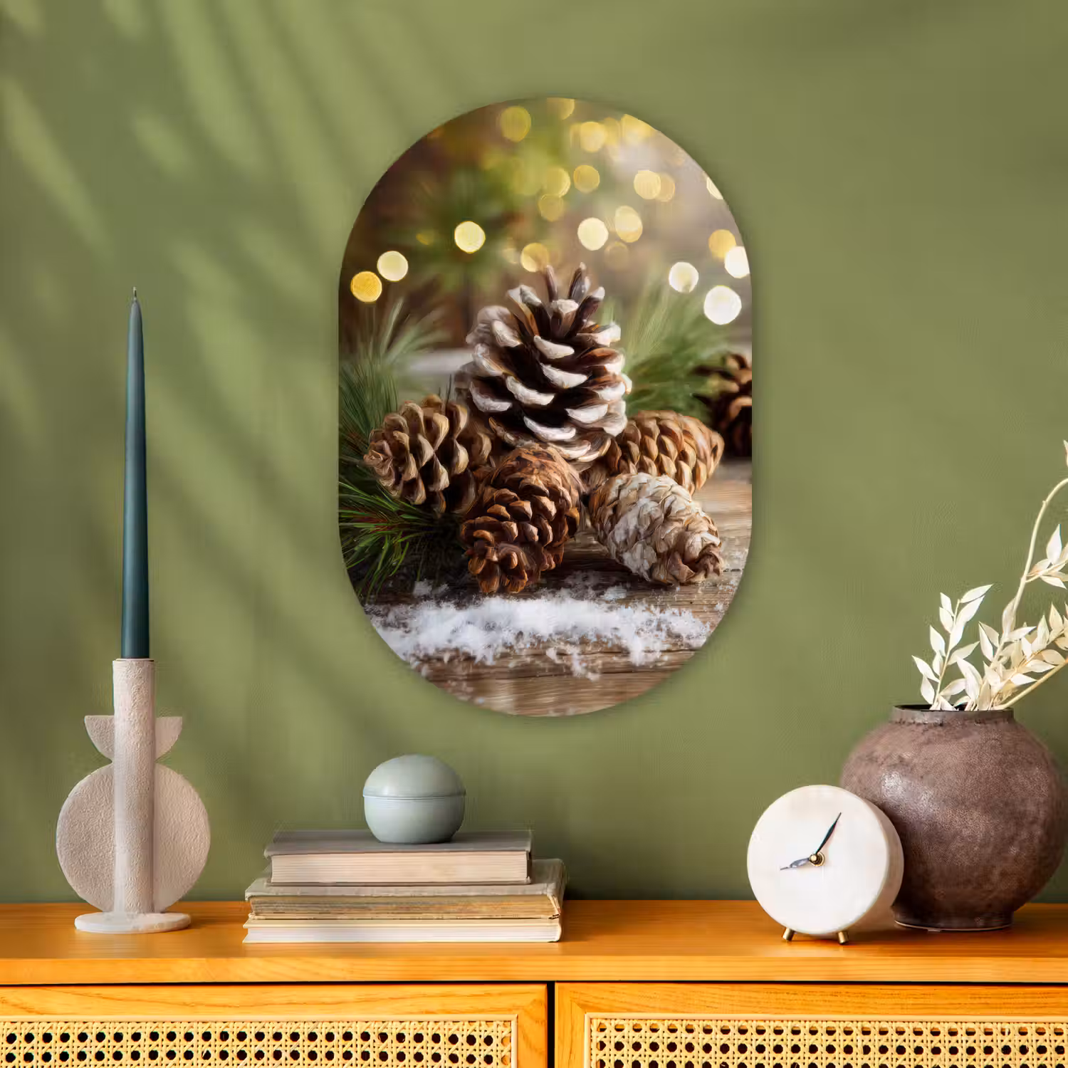 Dennenappels - Kerstsfeer - Bruin - Groen Wandcirkel Ovaal Forex klein -sfeer2