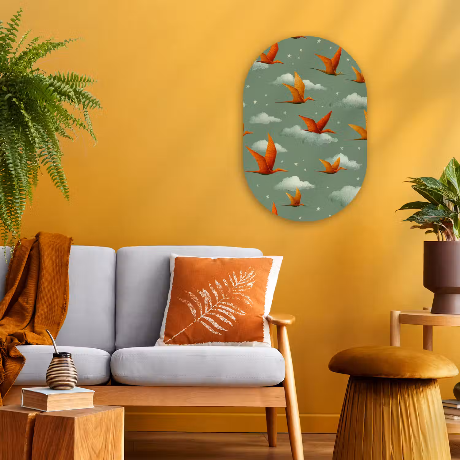 Dinosaurussen - Wolken - Sterren - Oranje Wandcirkel Ovaal Forex klein -sfeer4
