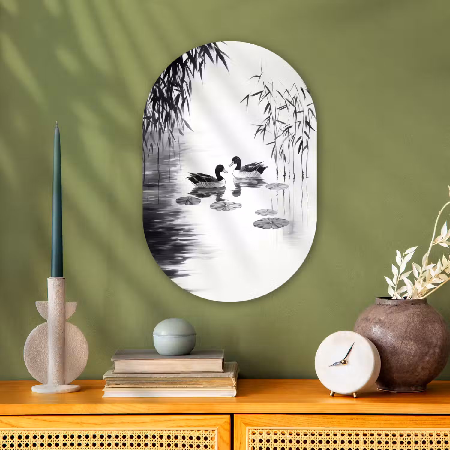 Eenden - Waterlelies - Riet - Zwart Wandcirkel Ovaal Forex klein -sfeer2