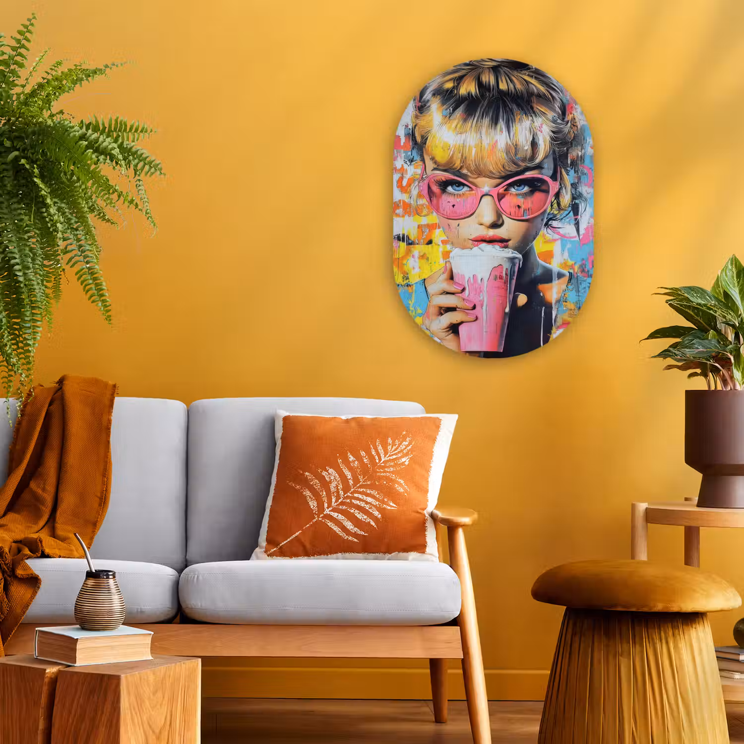 Expressief - Milkshake - Vrouw - Felle kleuren Wandcirkel Ovaal Forex klein -sfeer4