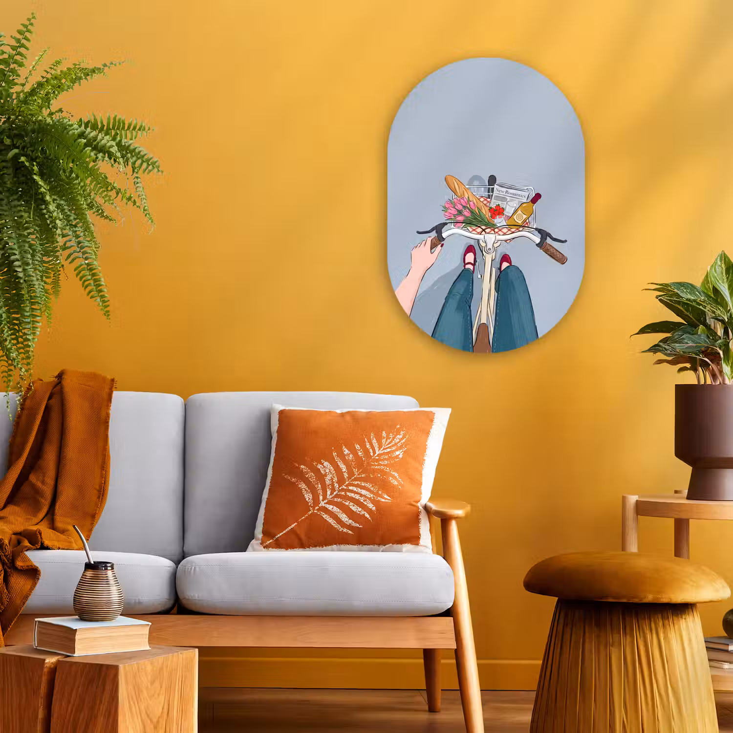 Fiets - Picknick - Zomer - Illustratie Wandcirkel Ovaal Forex klein -sfeer4