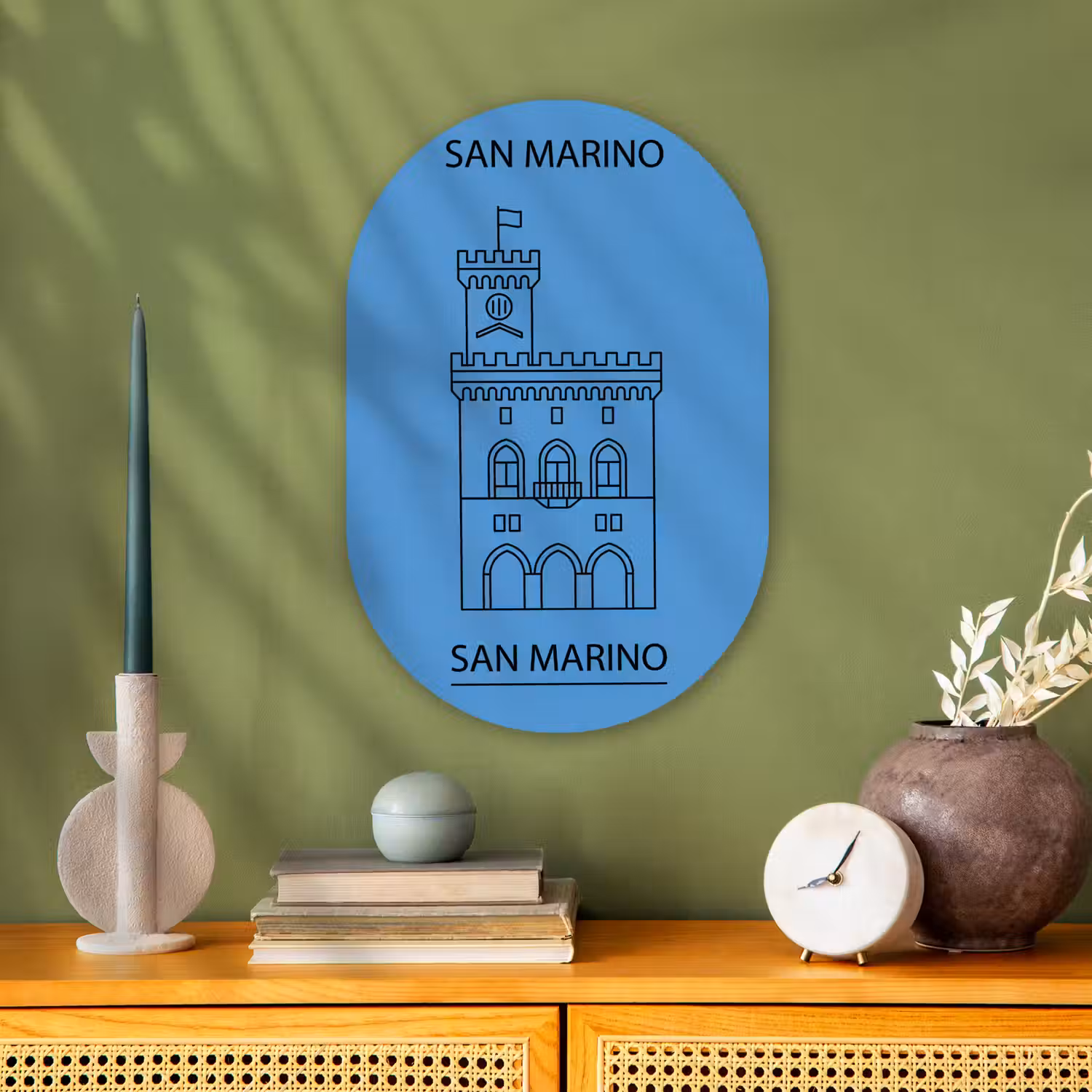 Gebouw - San Marino - Architectuur - Lijntekening - Blauw Wandcirkel Ovaal Forex klein -sfeer2
