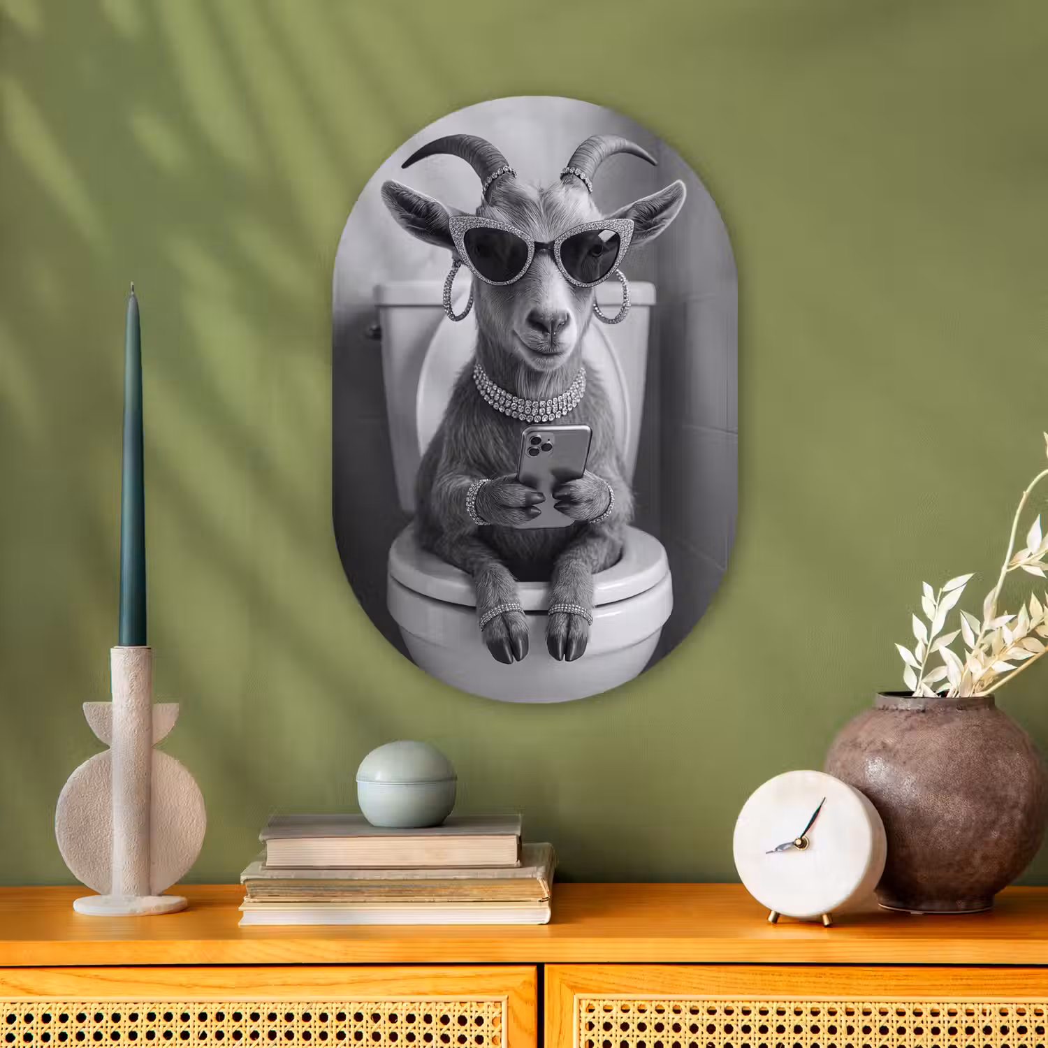 Geit - Telefoon - Toilet - Zwart - Wit Wandcirkel Ovaal Forex klein -sfeer2
