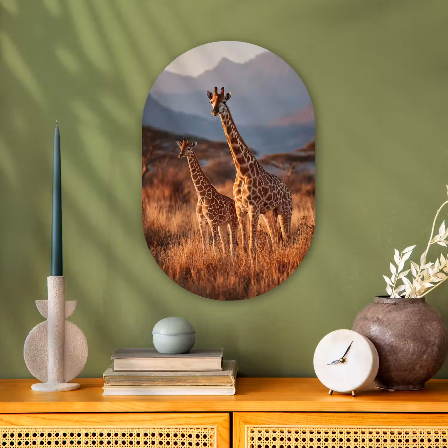 Giraffen - Hoog gras - Acaciabomen Wandcirkel Ovaal Forex klein -sfeer2