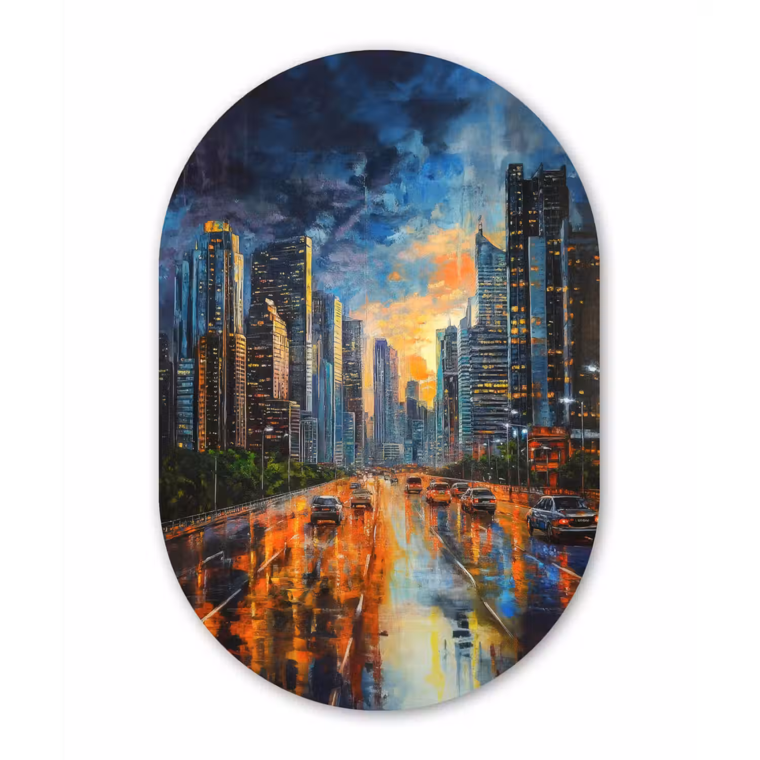 Auto - Skyline - Zon - Blauw Wandcirkel Ovaal Glas middel -3d