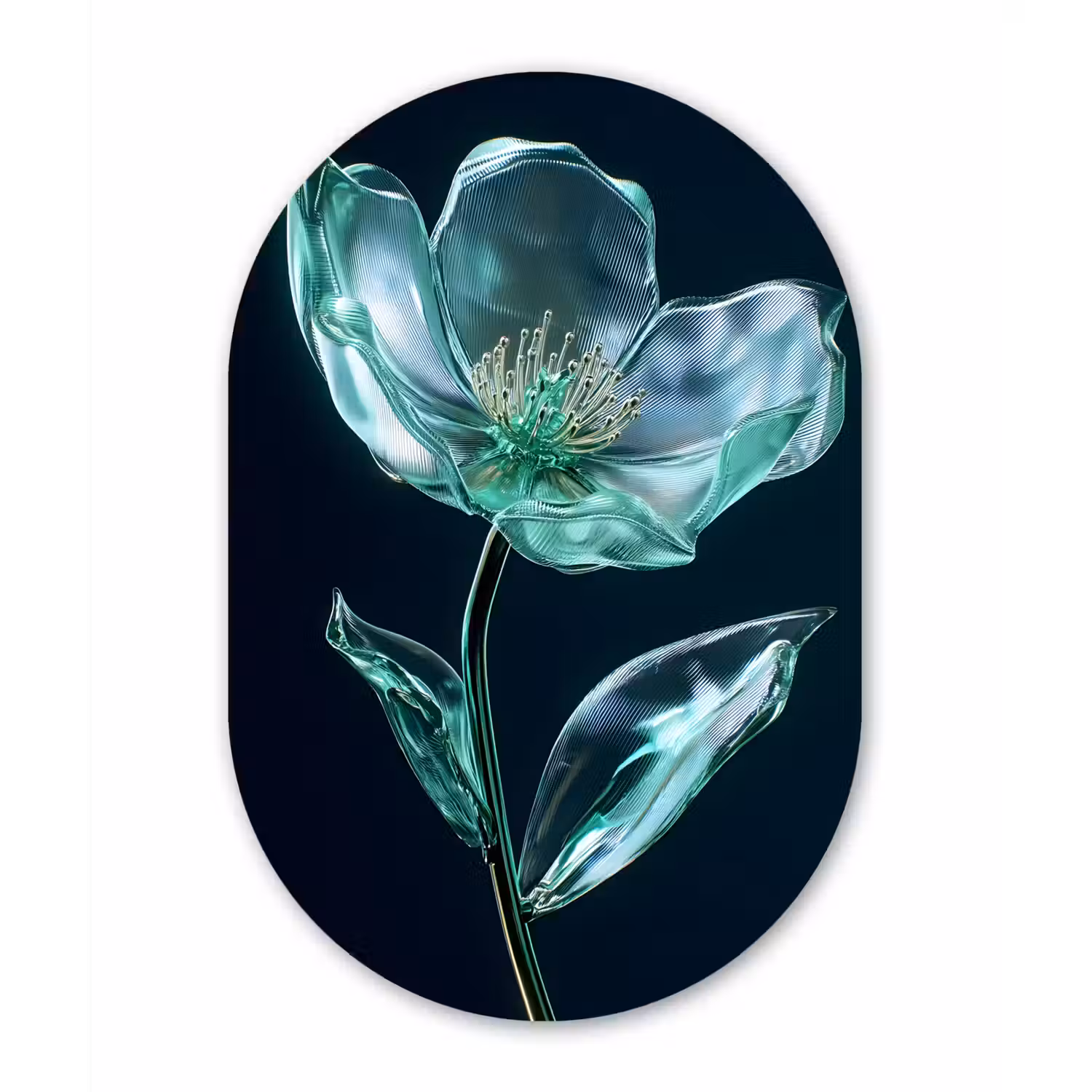 Bladeren - Bloem - Glazen - Donkerblauw Wandcirkel Ovaal Glas middel -3d