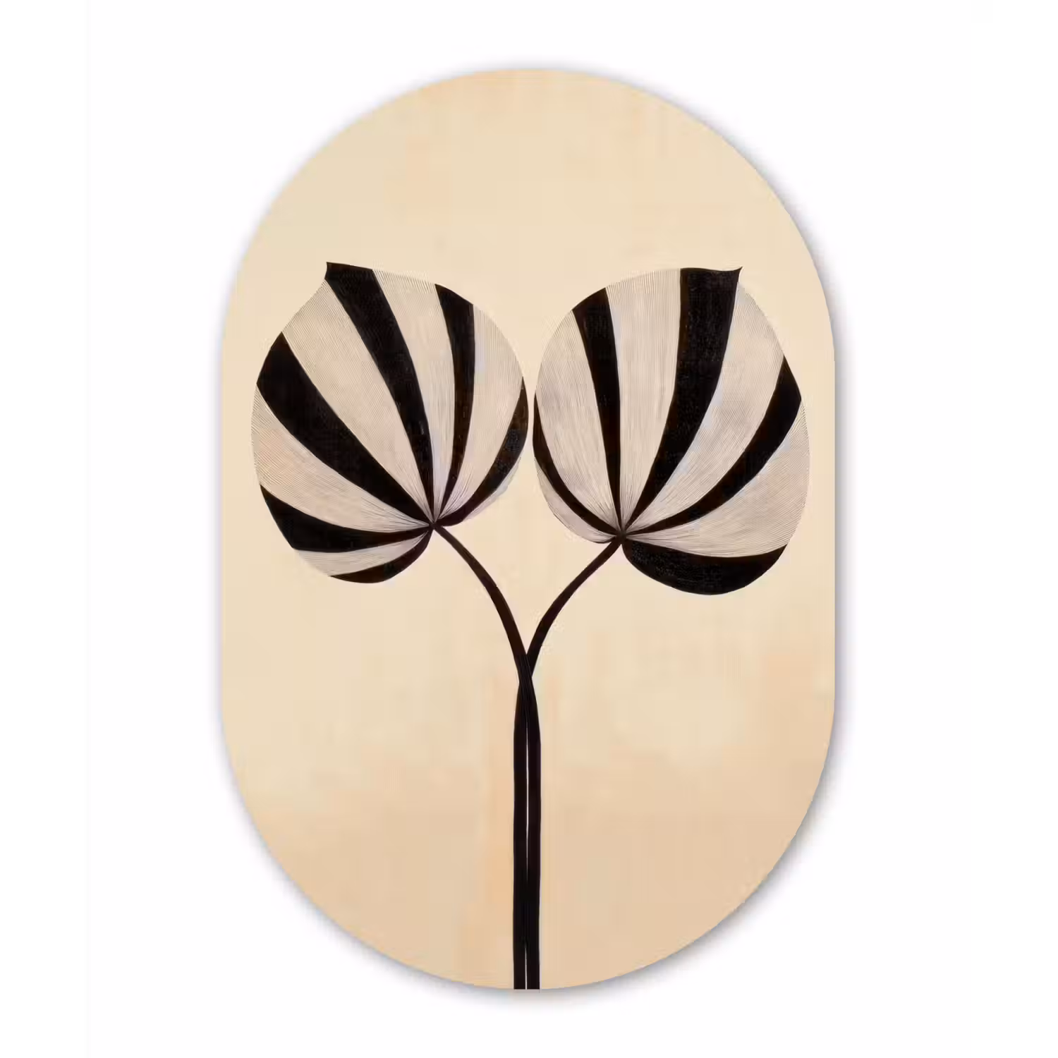 Bladeren - Gestreept - Stengel - Beige Wandcirkel Ovaal Glas middel -3d