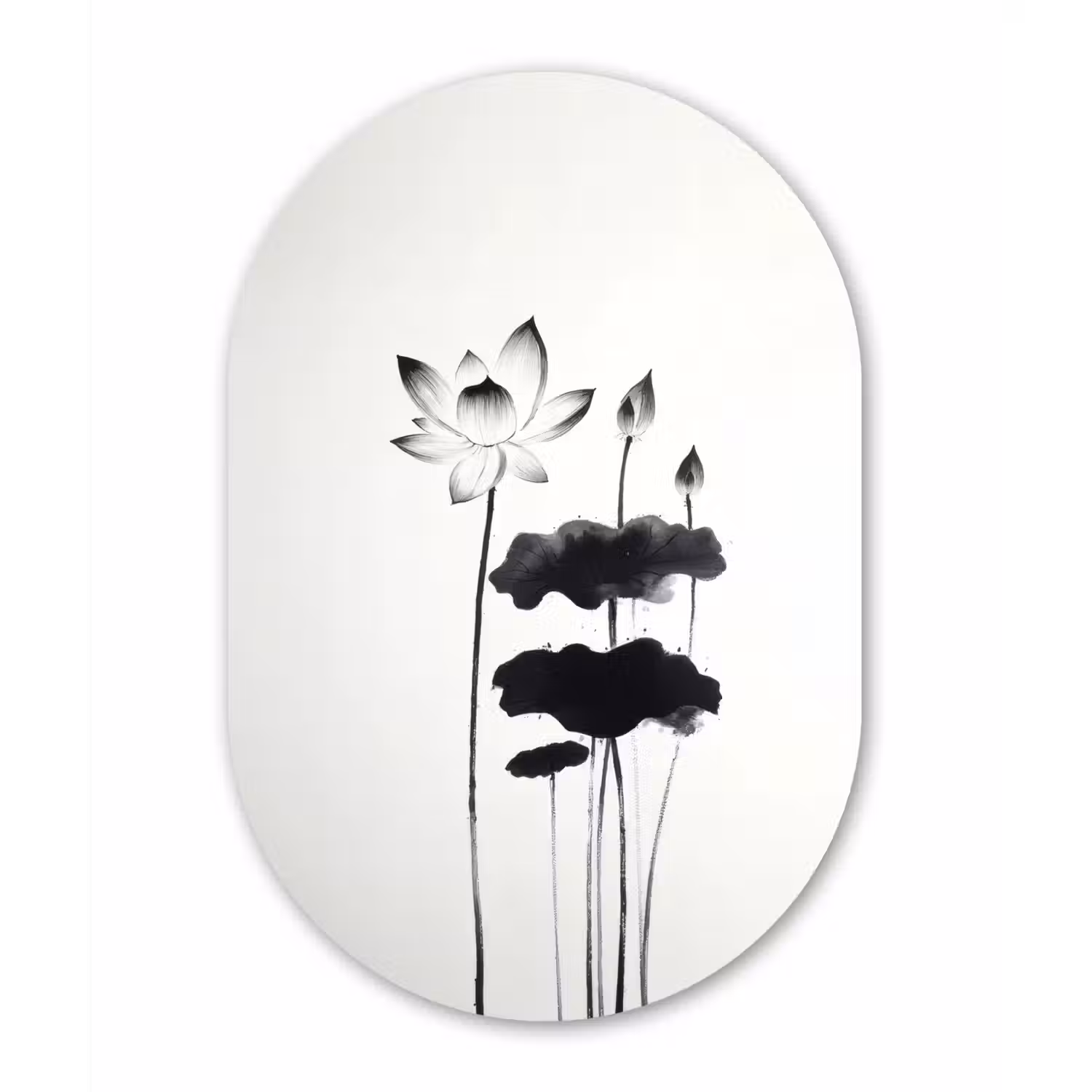 Bladeren - Zwart - Lotusbloem - Minimalitisch Wandcirkel Ovaal Glas middel -3d