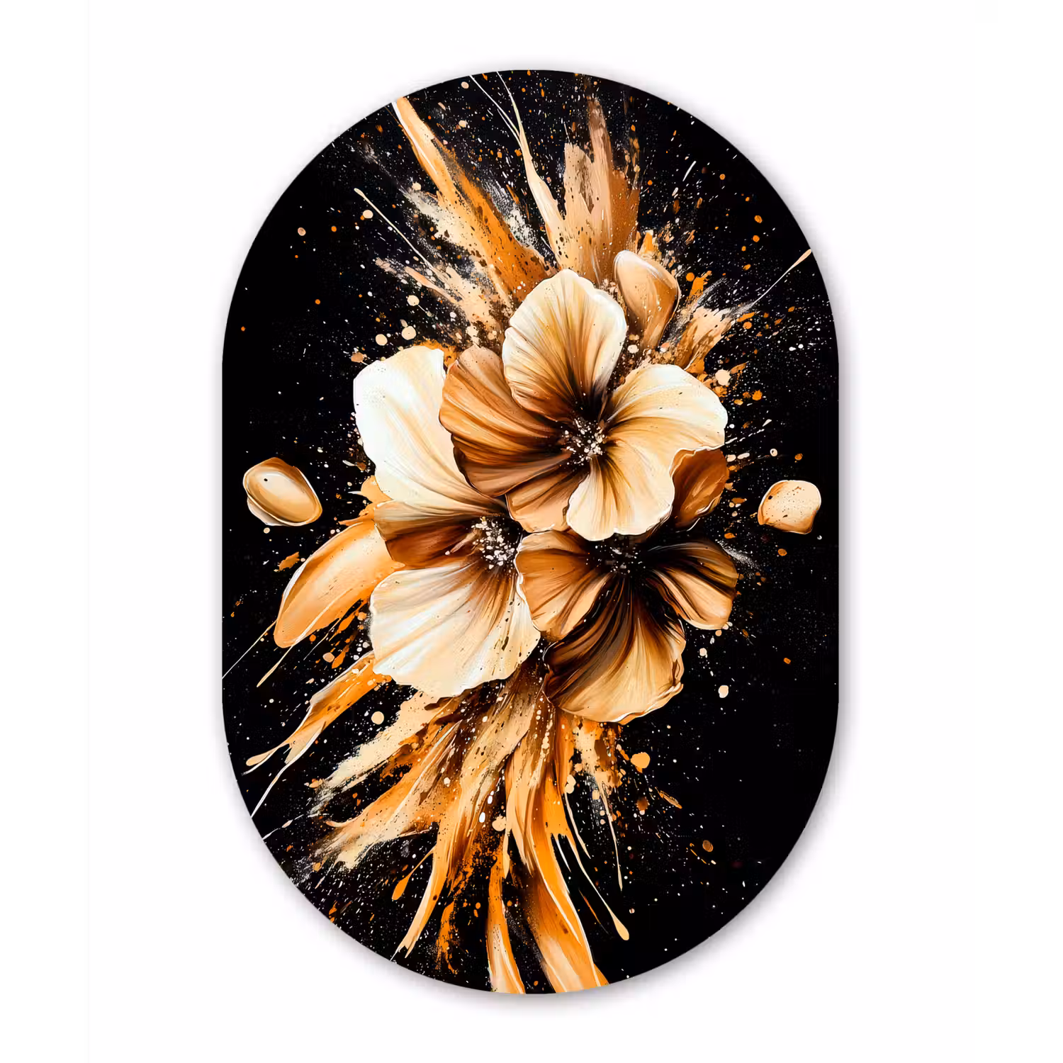Bloemen - Goud - Graffiti - Zwart - Abstract Wandcirkel Ovaal Glas middel -3d