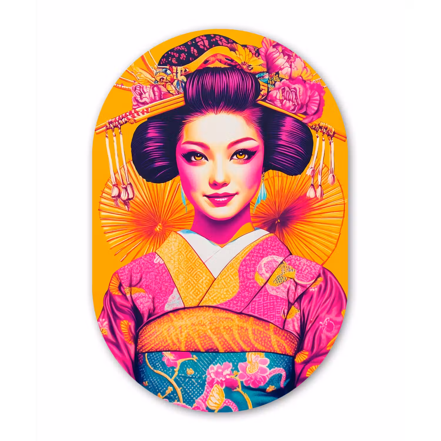 Bloemen - Vrouw - Kimono - Roze Wandcirkel Ovaal Glas middel -3d