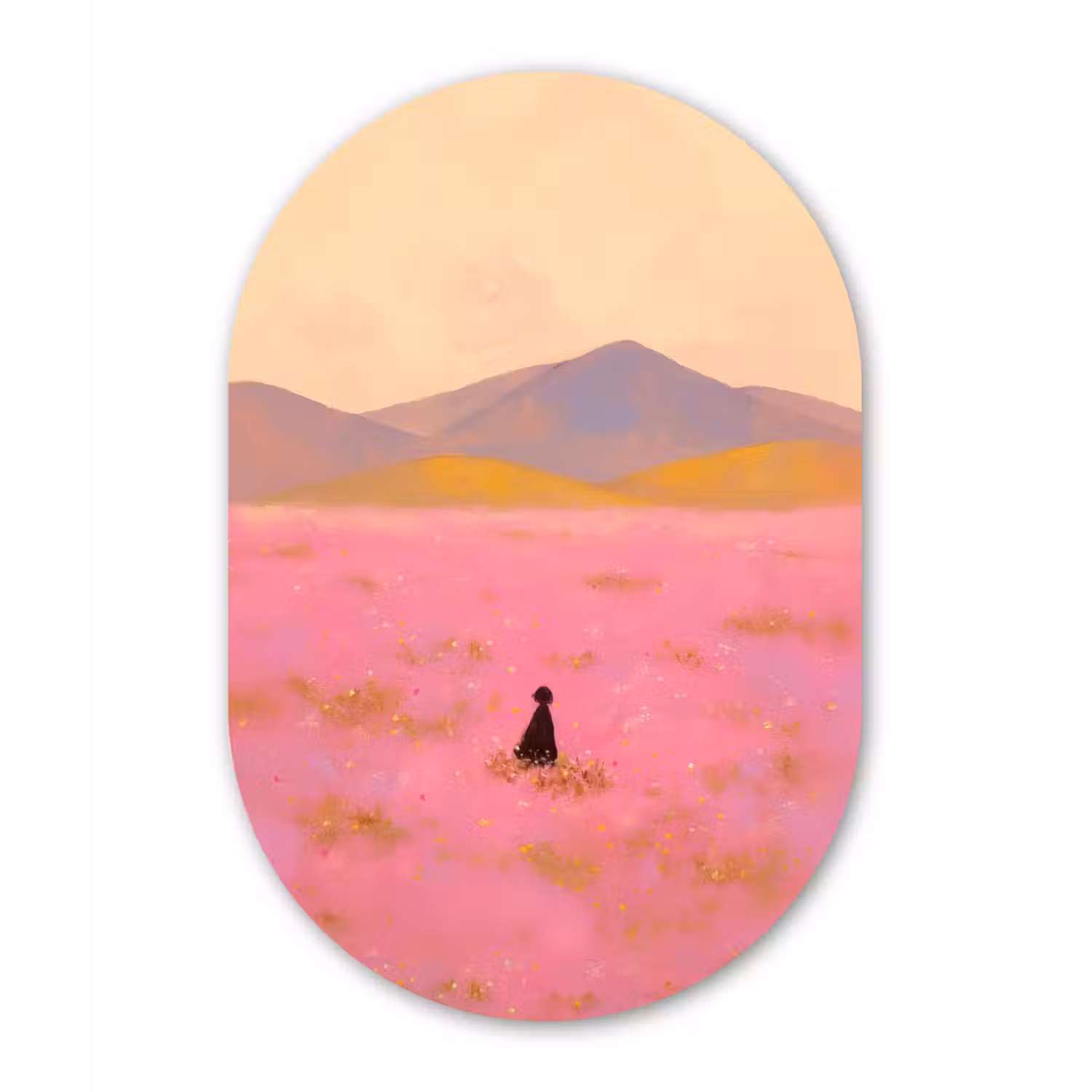 Bloemenweide - Heuvels - Silhouet - Roze Wandcirkel Ovaal Glas middel -3d
