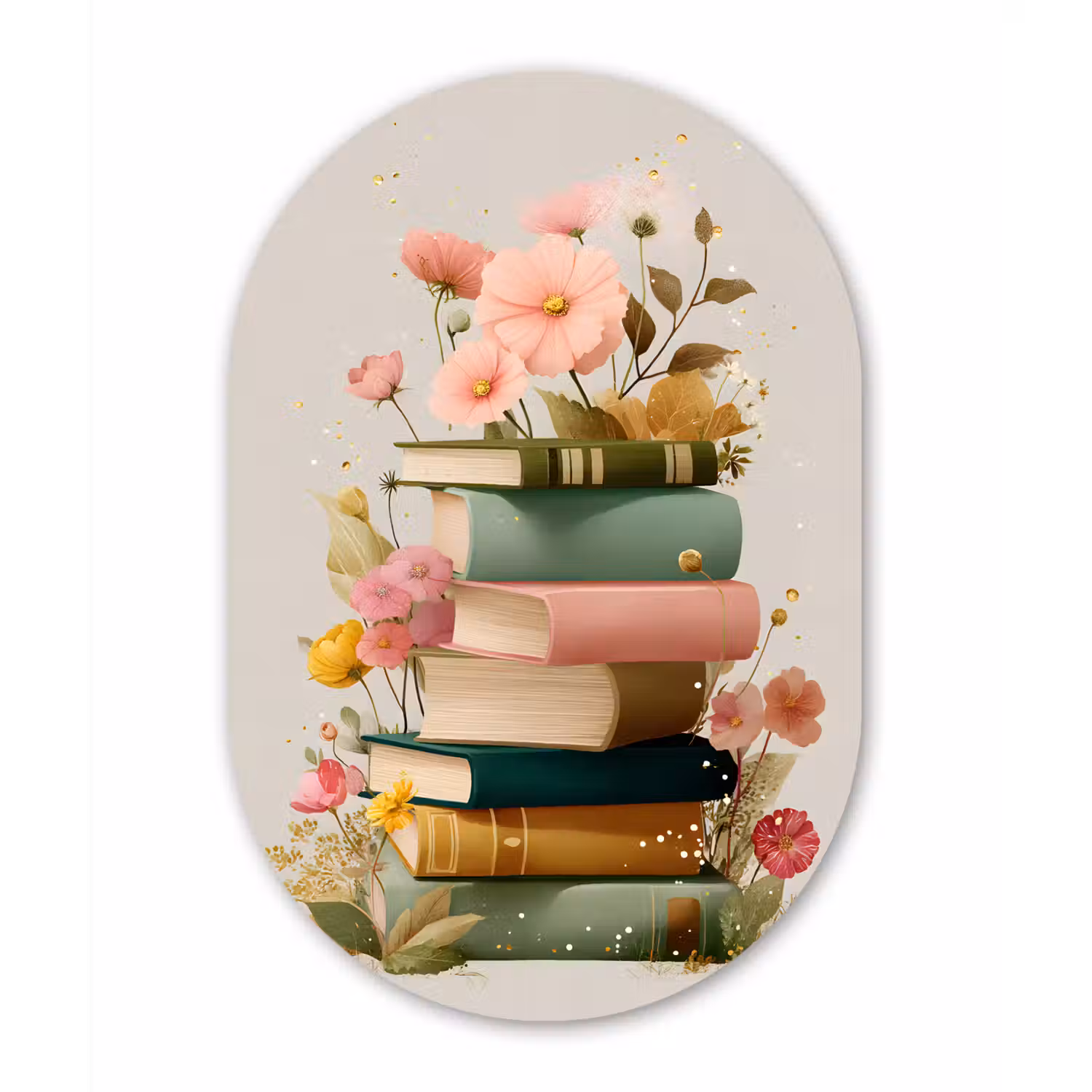 Boeken - Stapel - Bloemen - Kleurrijk Wandcirkel Ovaal Glas middel -3d