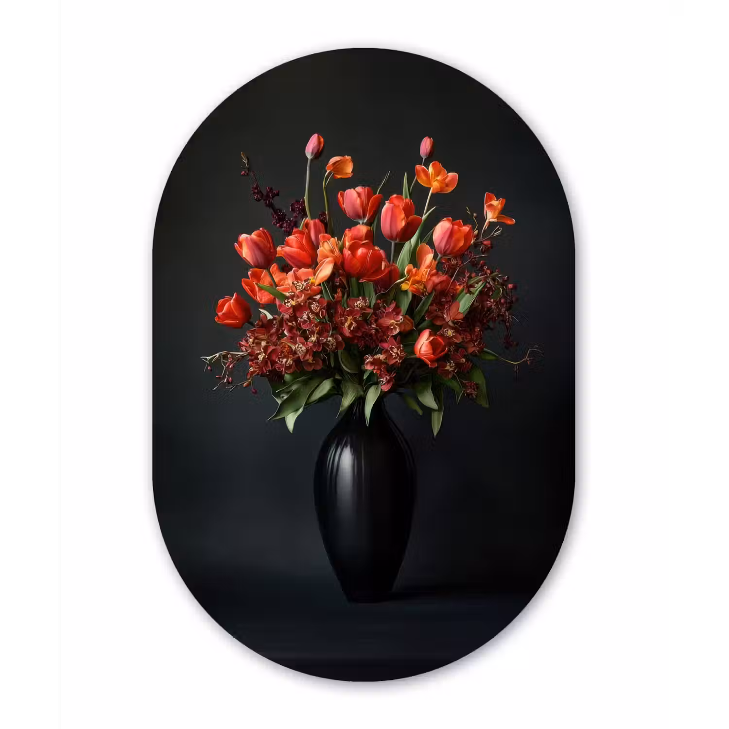 Boeket - Tulpen - Vaas - Rood Wandcirkel Ovaal Glas middel -3d