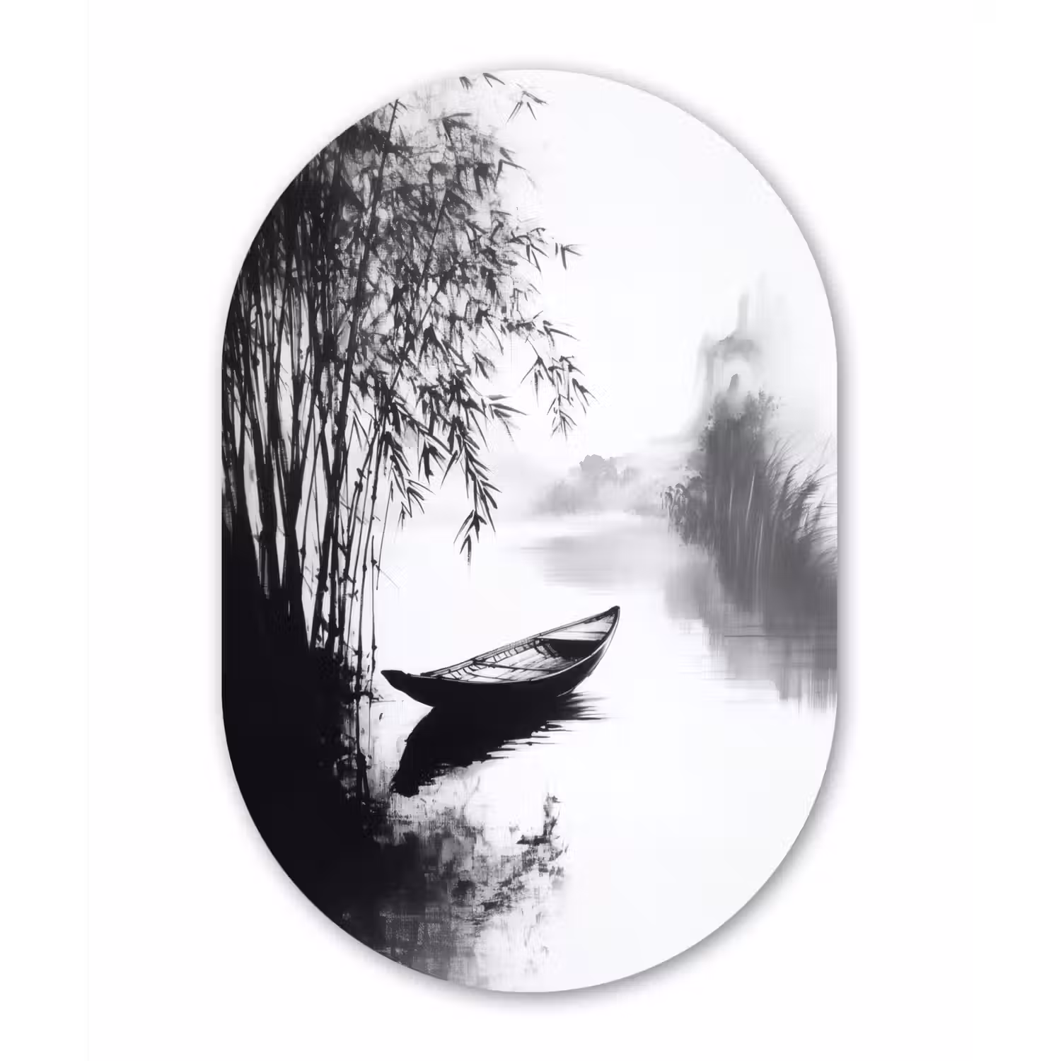 Boot - Rivier - Bamboe - Wit Wandcirkel Ovaal Glas middel -3d