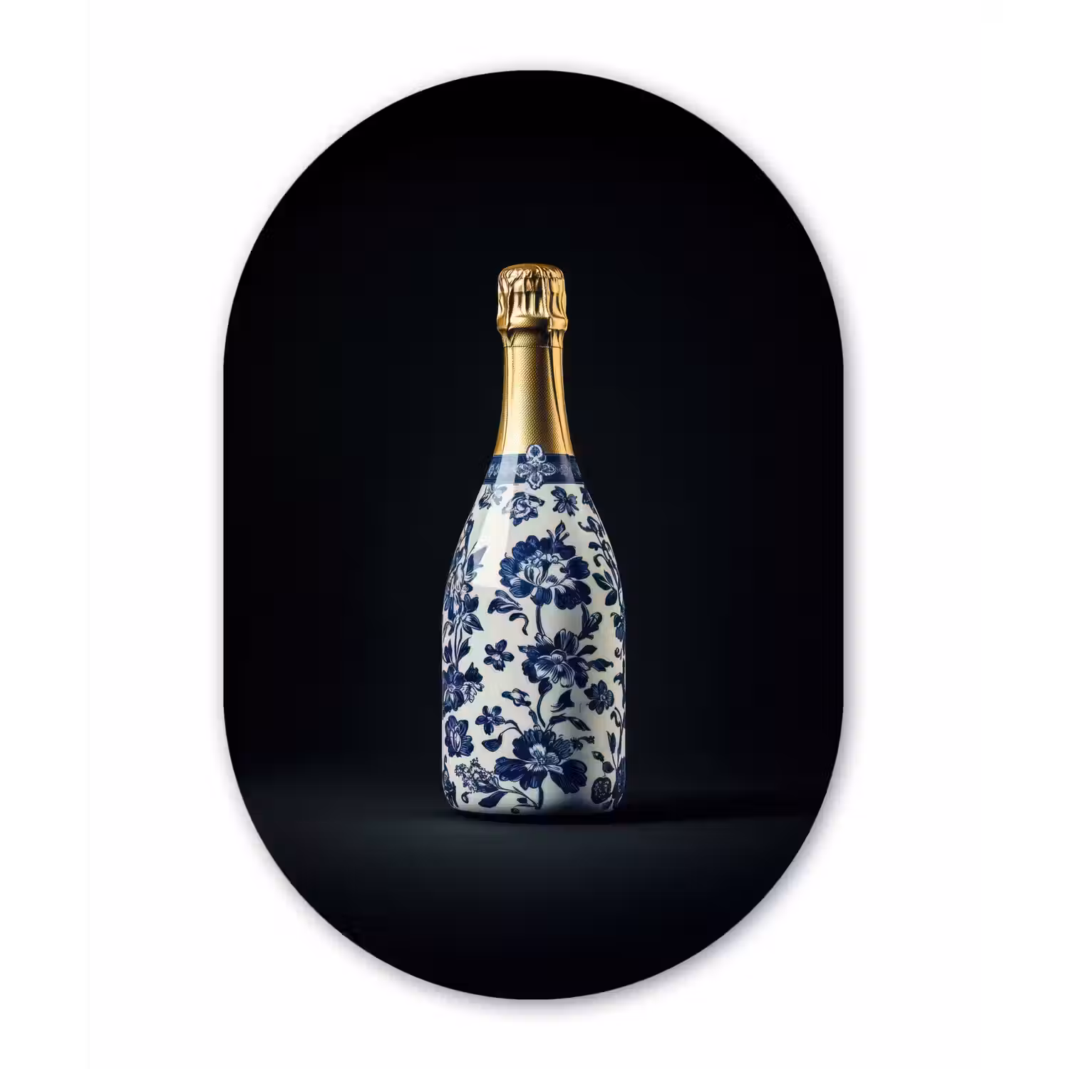 Champagne - Bloemen - Goud - Chique Wandcirkel Ovaal Glas middel -3d
