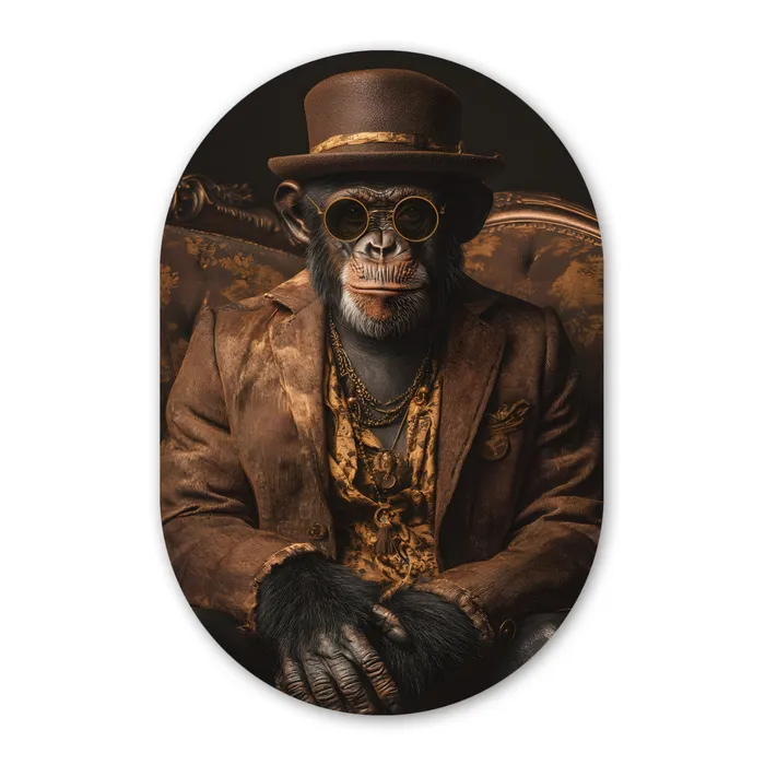 Chimpansee - Stoel - Pak - Bruin Wandcirkel Ovaal Glas middel -3d